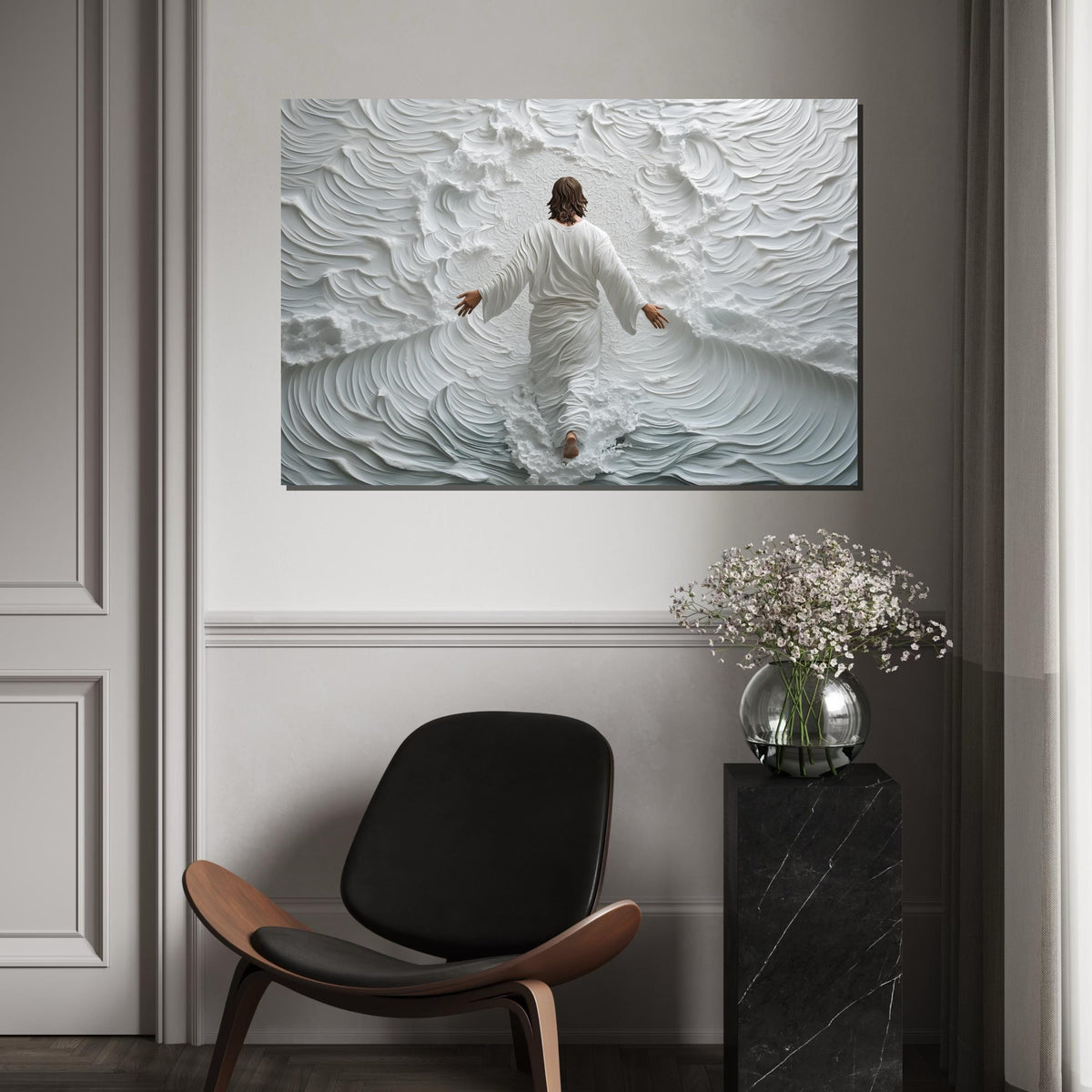 Jesus Walking on Water Canvas Print – Spiritual Abstract Ocean Scene, Christian Wall Art Home Decor, Inspirational Faith Gift