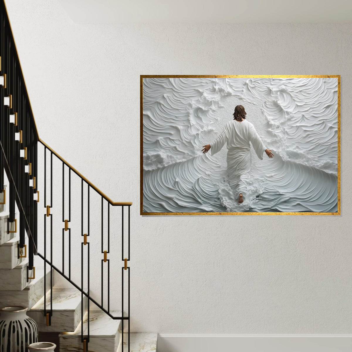 Jesus Walking on Water Canvas Print – Spiritual Abstract Ocean Scene, Christian Wall Art Home Decor, Inspirational Faith Gift