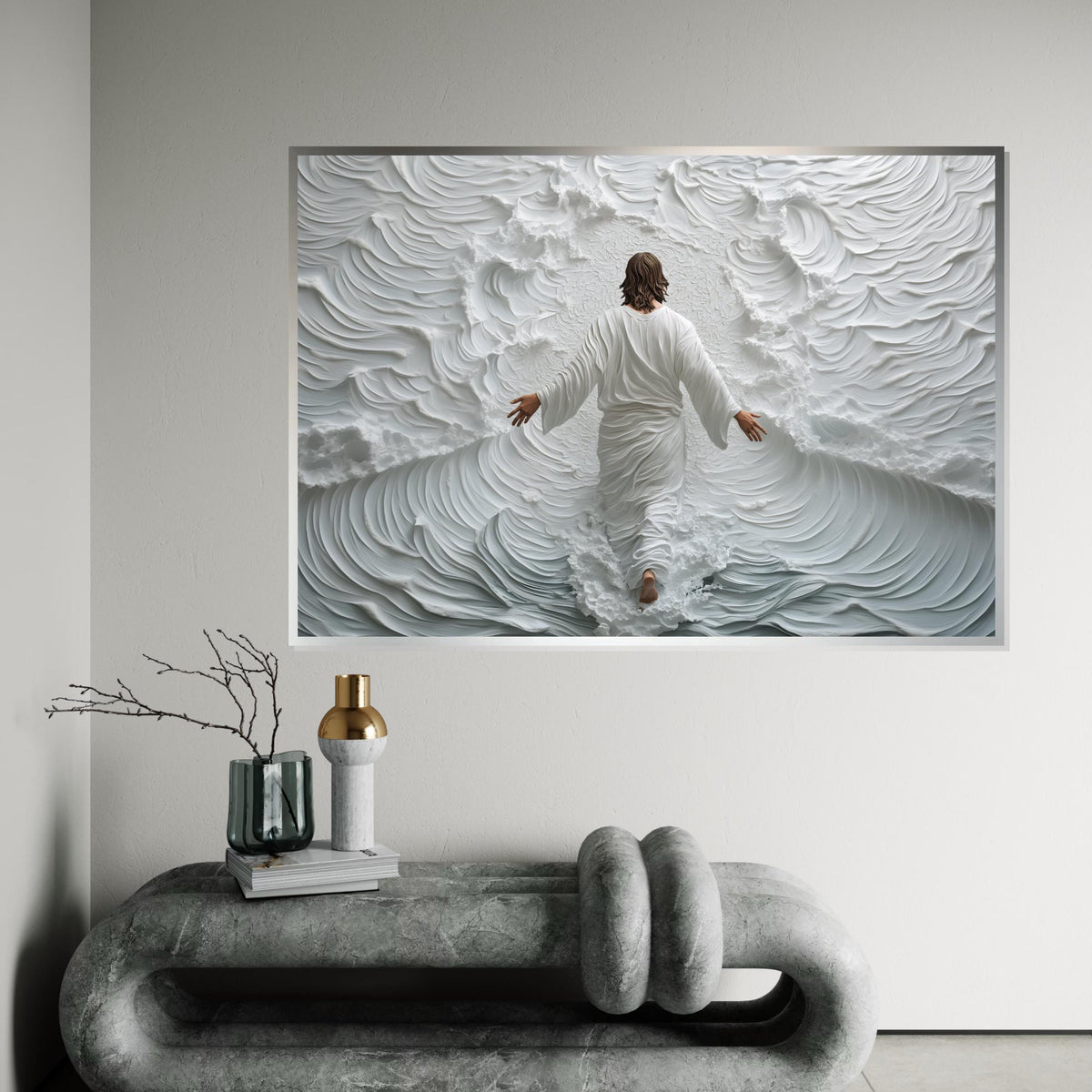 Jesus Walking on Water Canvas Print – Spiritual Abstract Ocean Scene, Christian Wall Art Home Decor, Inspirational Faith Gift
