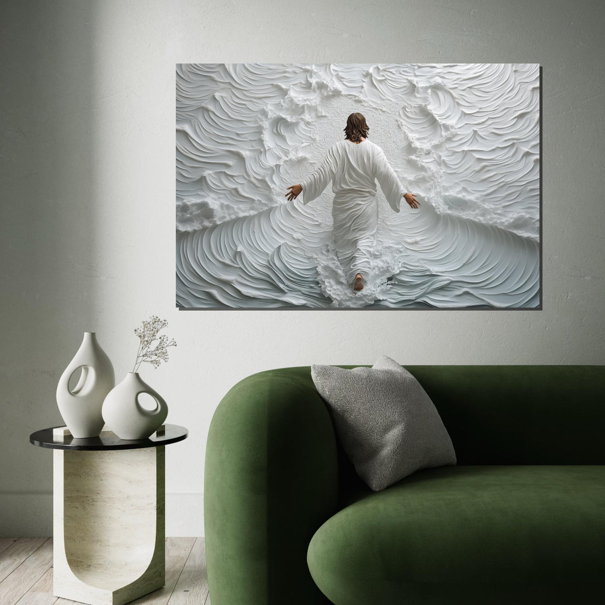 Jesus Walking on Water Canvas Print – Spiritual Abstract Ocean Scene, Christian Wall Art Home Decor, Inspirational Faith Gift