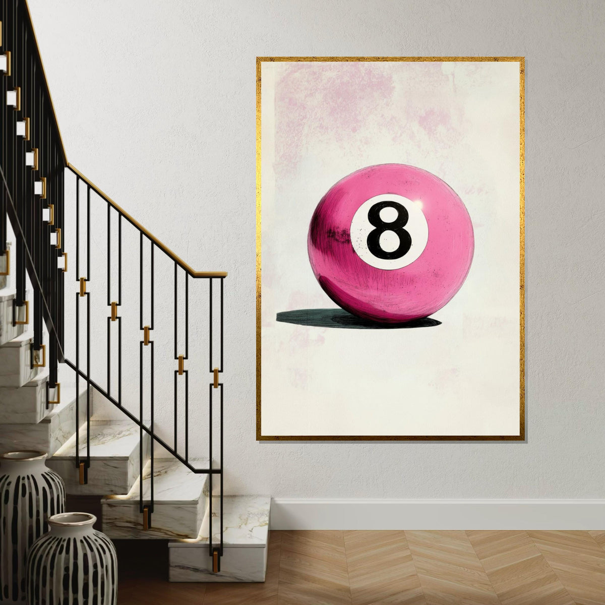 Pink Retro 8 Ball Canvas Print – Textured Pop Art Billiards Decor, Funky Vintage Game Room Wall Art, Quirky Pool Lover Gift
