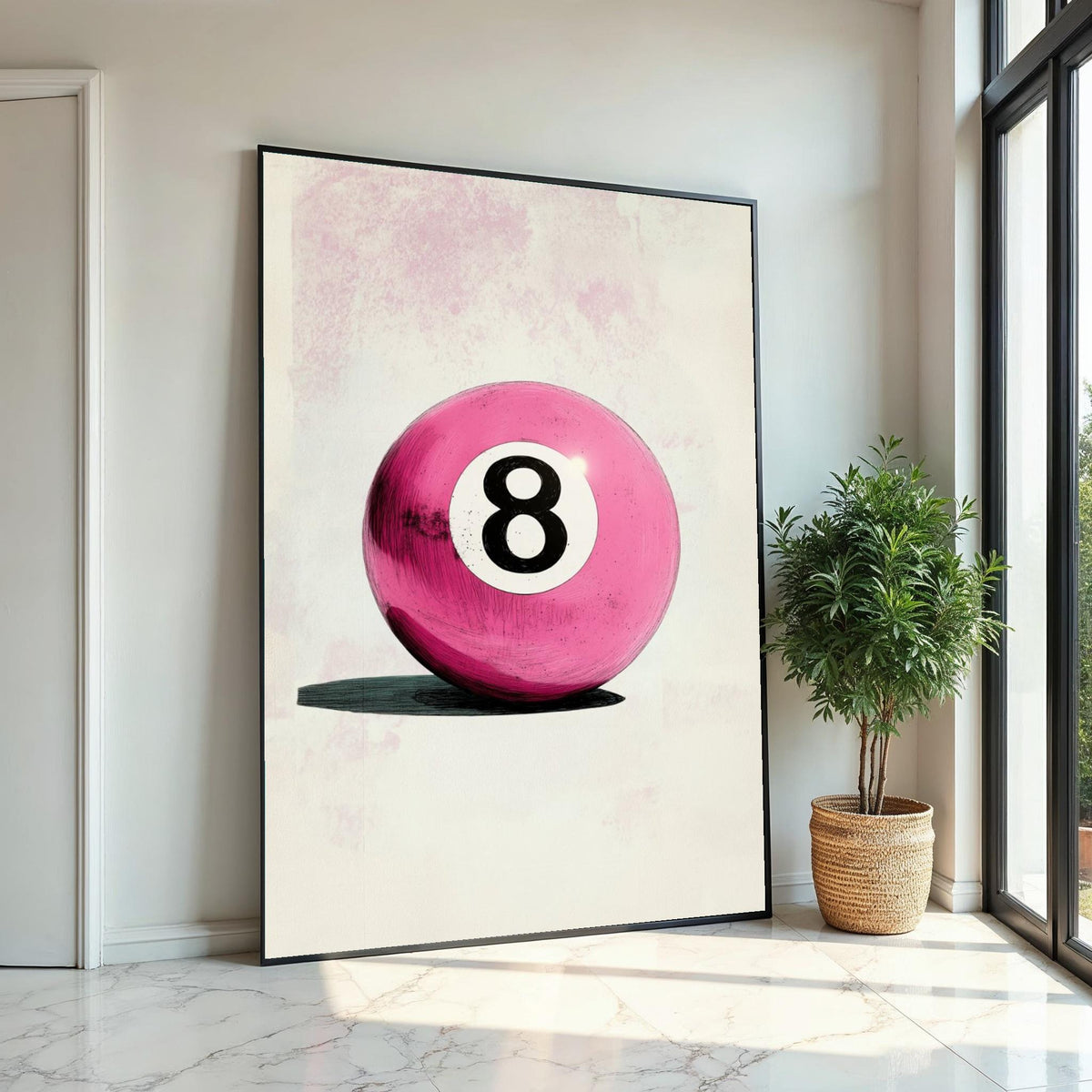 Pink Retro 8 Ball Canvas Print – Textured Pop Art Billiards Decor, Funky Vintage Game Room Wall Art, Quirky Pool Lover Gift