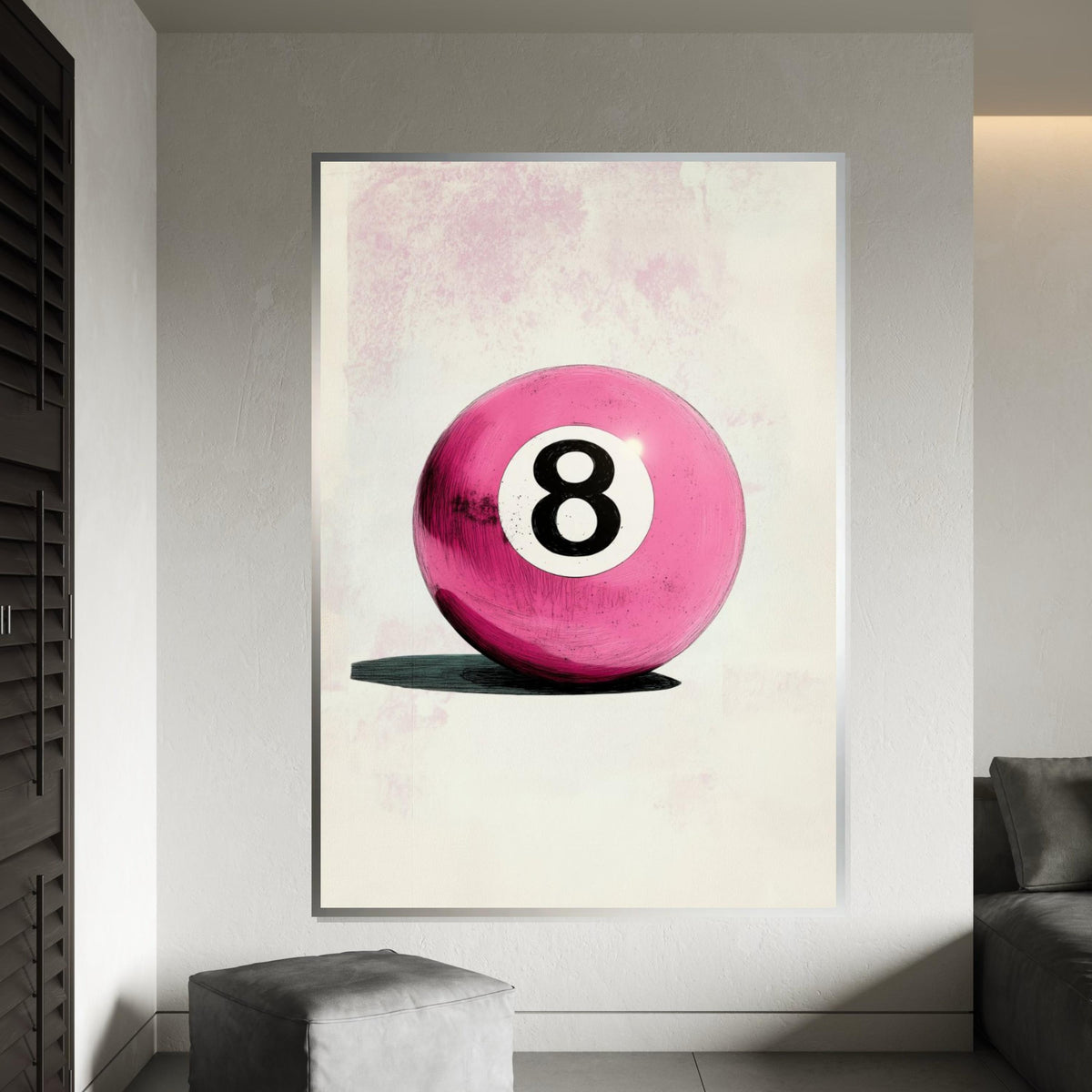 Pink Retro 8 Ball Canvas Print – Textured Pop Art Billiards Decor, Funky Vintage Game Room Wall Art, Quirky Pool Lover Gift