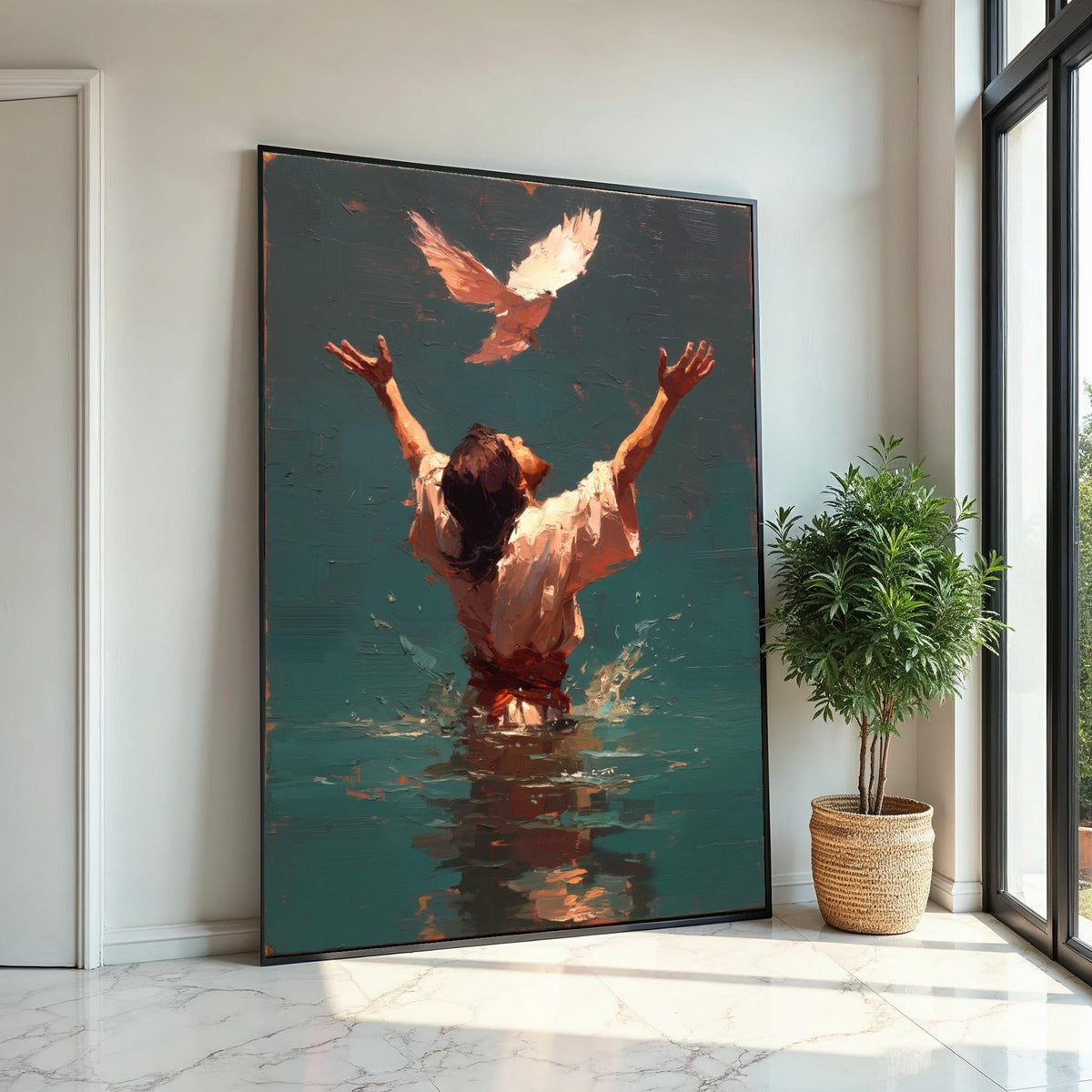 Jesus Baptism Painting with Holy Spirit Dove, Back View of Christ in Water, Impasto Christian Wall Art Canvas Print
