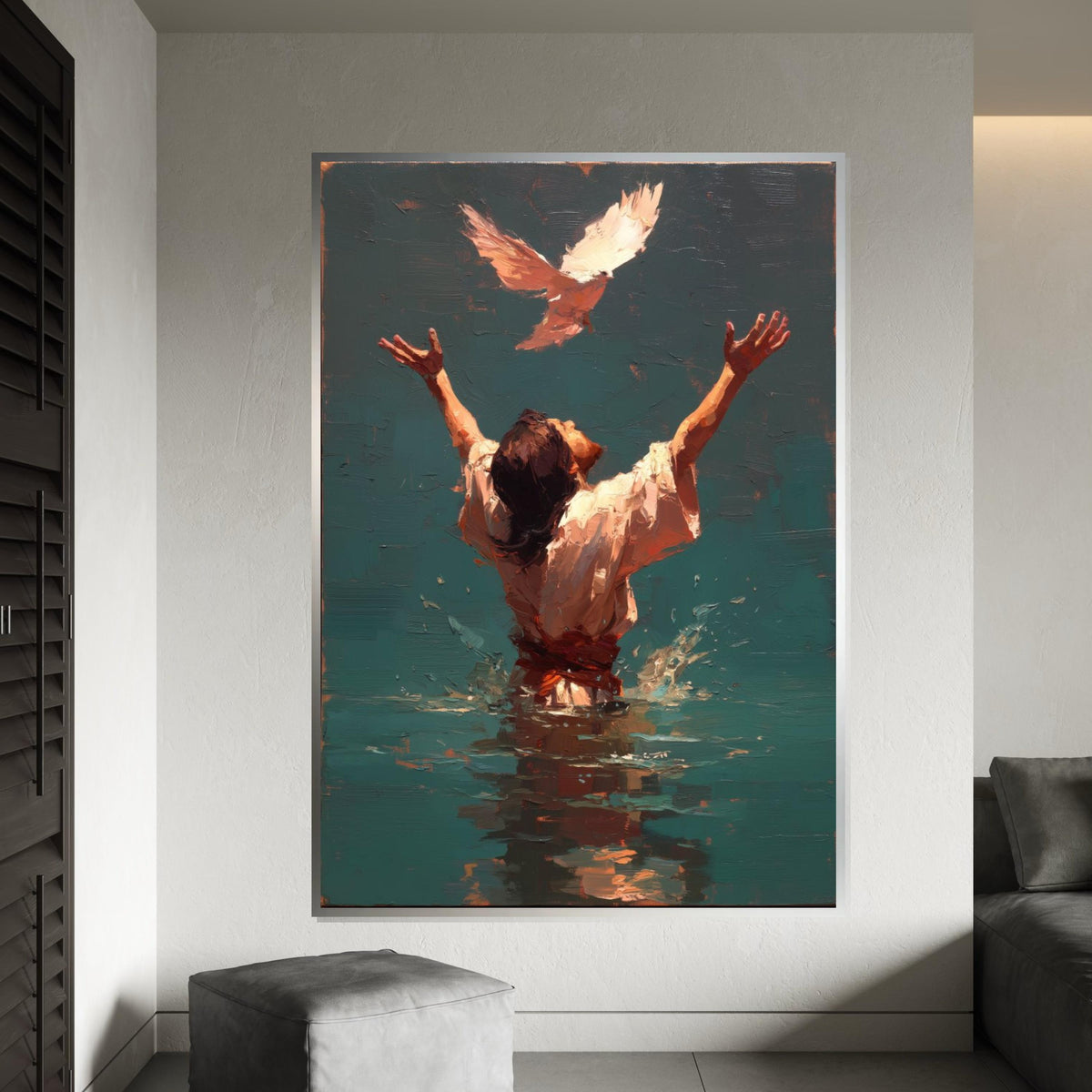 Jesus Baptism Painting with Holy Spirit Dove, Back View of Christ in Water, Impasto Christian Wall Art Canvas Print