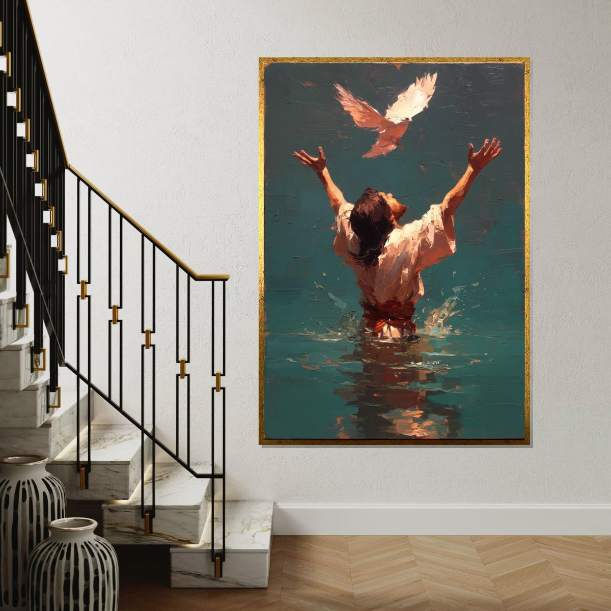 Jesus Baptism Painting with Holy Spirit Dove, Back View of Christ in Water, Impasto Christian Wall Art Canvas Print