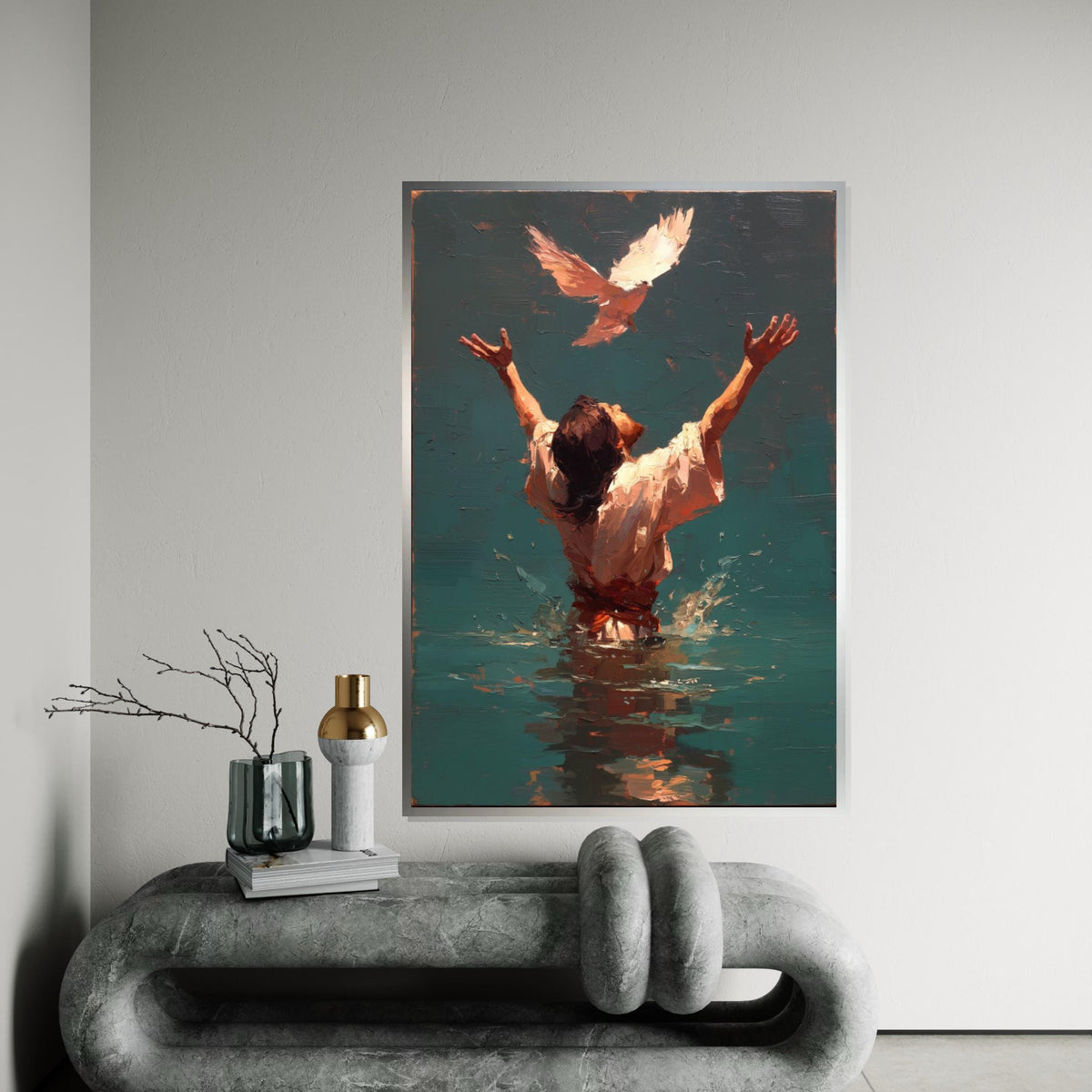 Jesus Baptism Painting with Holy Spirit Dove, Back View of Christ in Water, Impasto Christian Wall Art Canvas Print