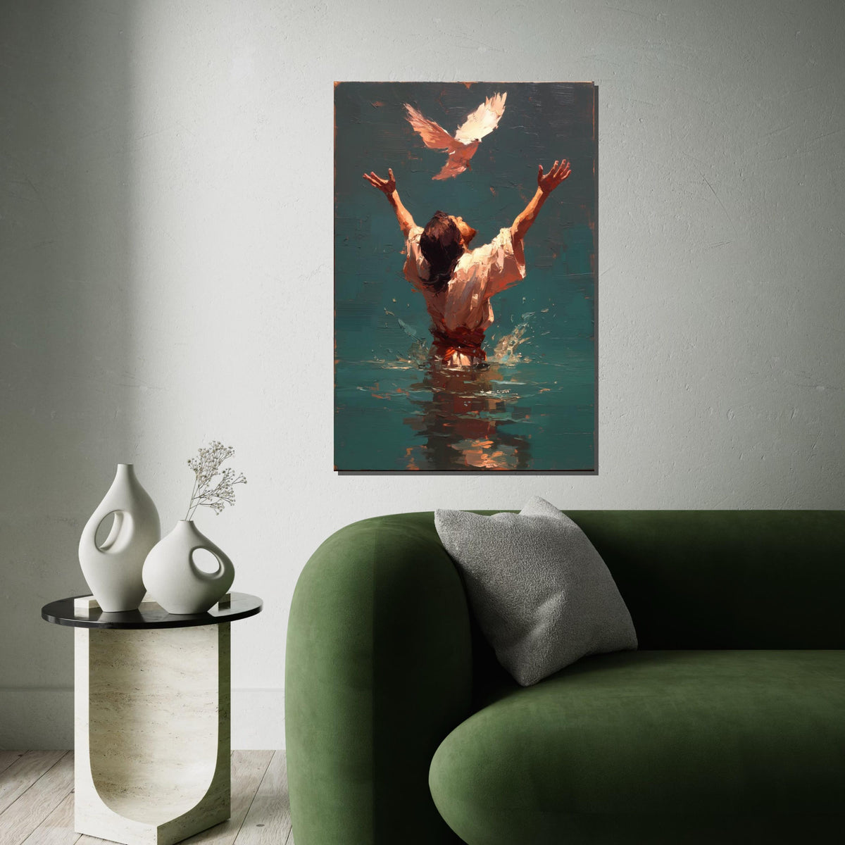 Jesus Baptism Painting with Holy Spirit Dove, Back View of Christ in Water, Impasto Christian Wall Art Canvas Print