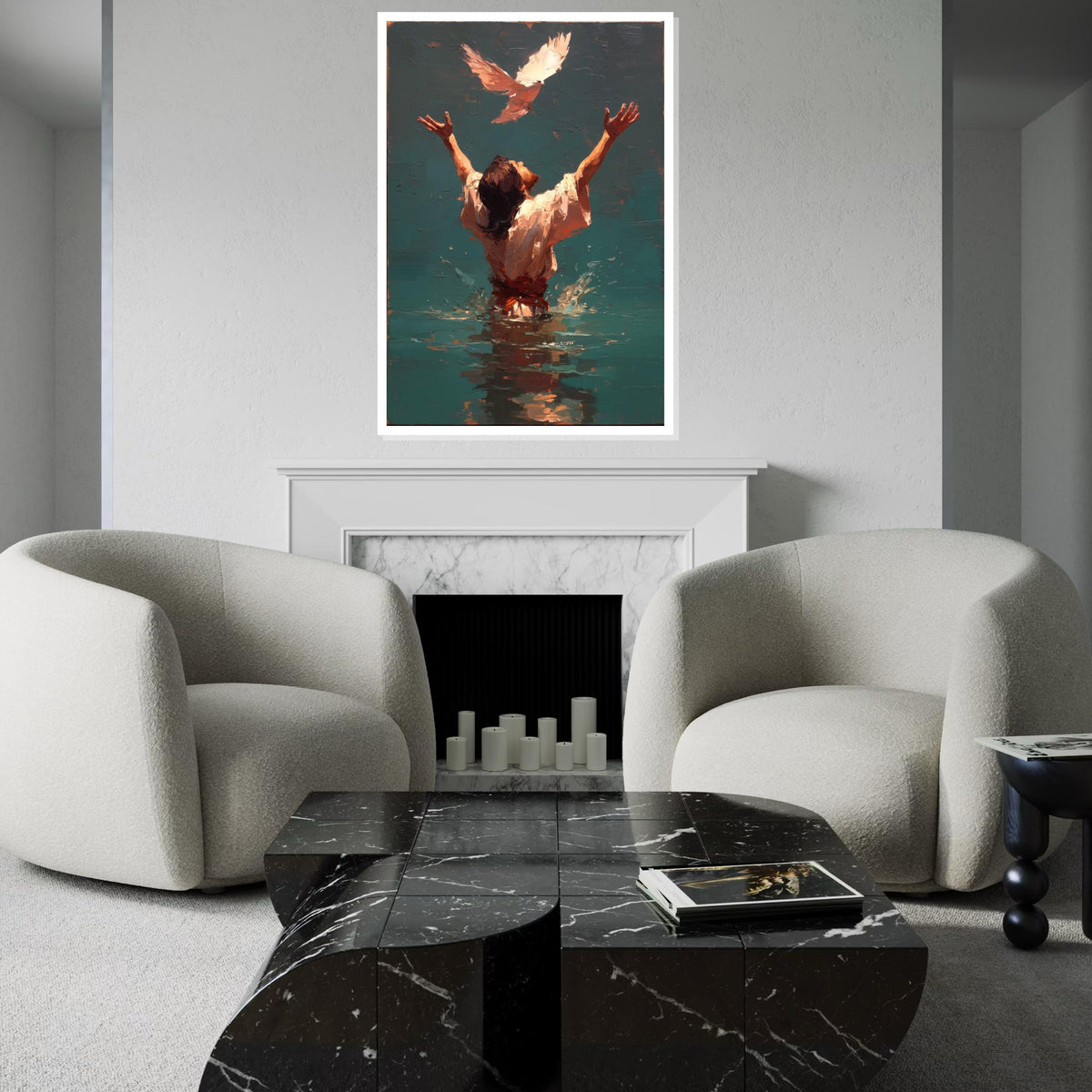Jesus Baptism Painting with Holy Spirit Dove, Back View of Christ in Water, Impasto Christian Wall Art Canvas Print