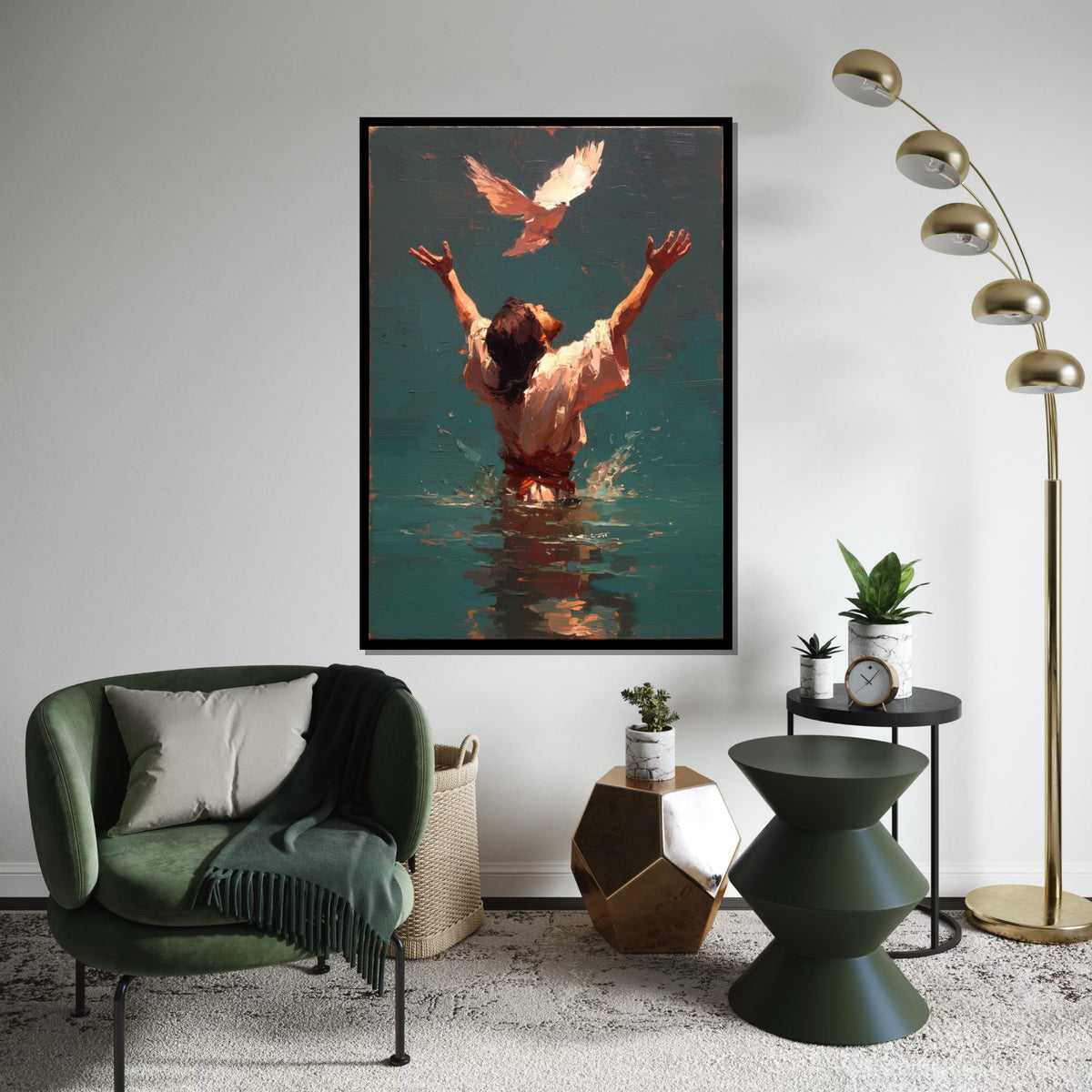 Jesus Baptism Painting with Holy Spirit Dove, Back View of Christ in Water, Impasto Christian Wall Art Canvas Print