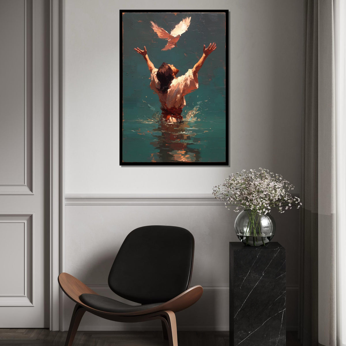 Jesus Baptism Painting with Holy Spirit Dove, Back View of Christ in Water, Impasto Christian Wall Art Canvas Print