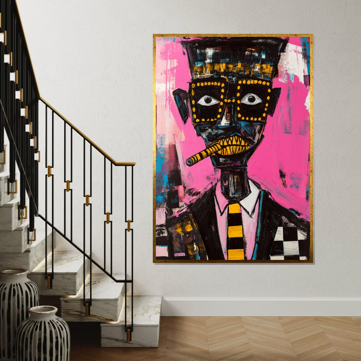 Picasso-Inspired Cubist Portrait of Man with Cigar, Quirky Abstract Face Painting on Pink Background, Modern Pop Art Canvas Print