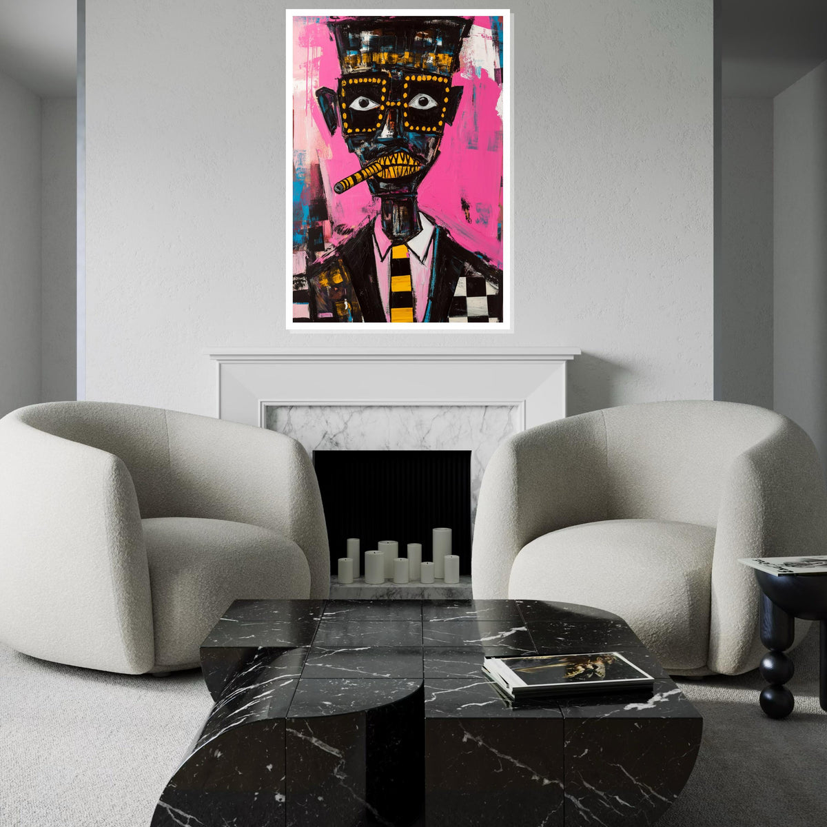 Picasso-Inspired Cubist Portrait of Man with Cigar, Quirky Abstract Face Painting on Pink Background, Modern Pop Art Canvas Print