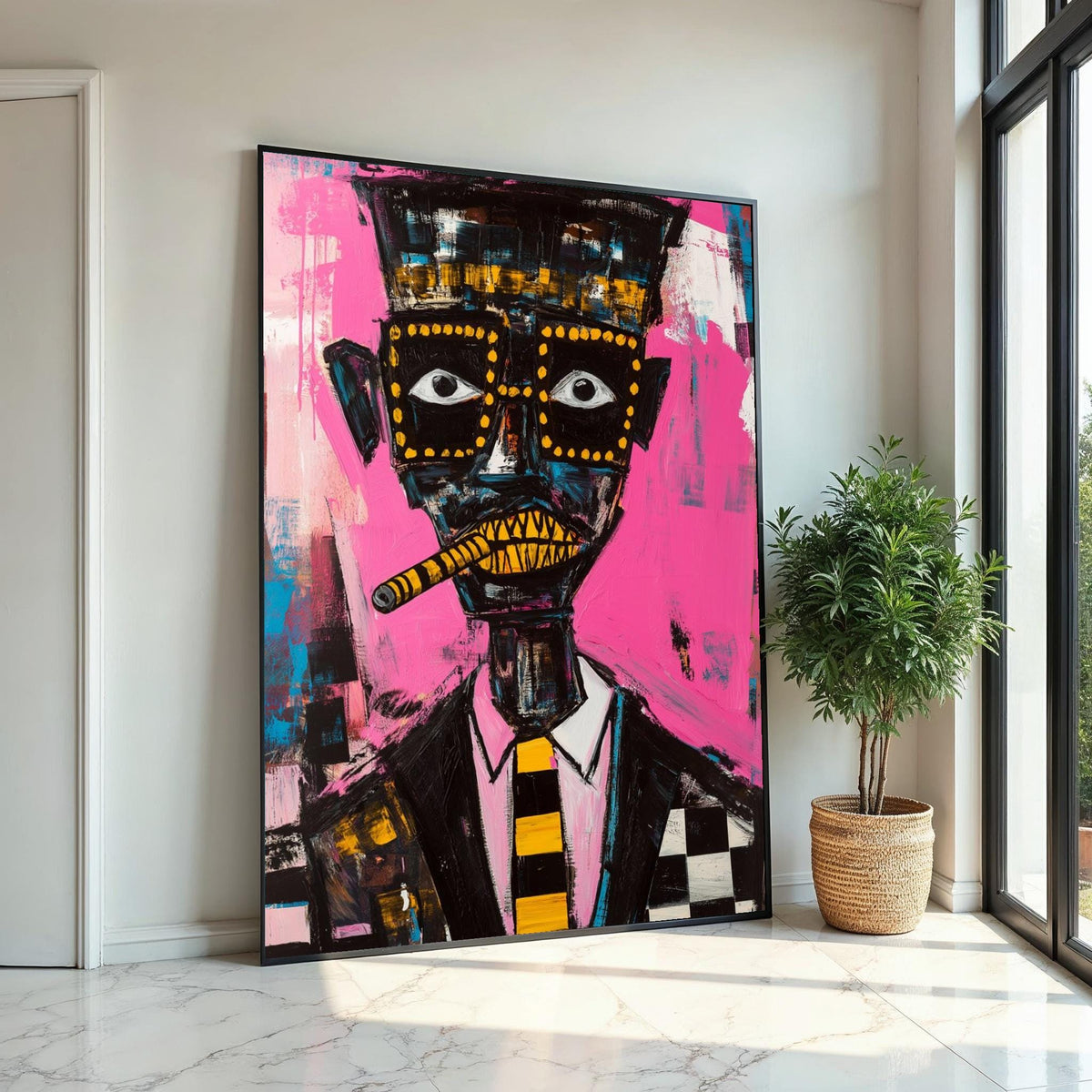 Picasso-Inspired Cubist Portrait of Man with Cigar, Quirky Abstract Face Painting on Pink Background, Modern Pop Art Canvas Print