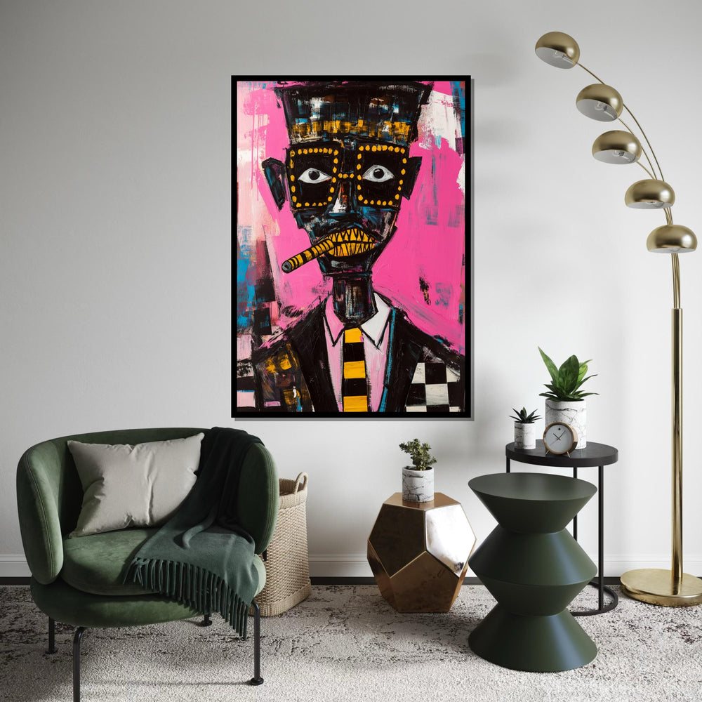 Picasso-Inspired Cubist Portrait of Man with Cigar, Quirky Abstract Face Painting on Pink Background, Modern Pop Art Canvas Print