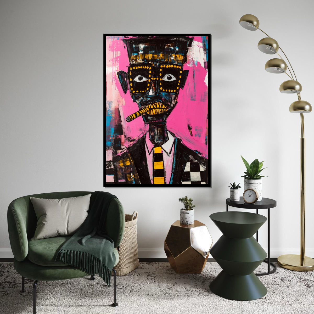 Picasso-Inspired Cubist Portrait of Man with Cigar, Quirky Abstract Face Painting on Pink Background, Modern Pop Art Canvas Print