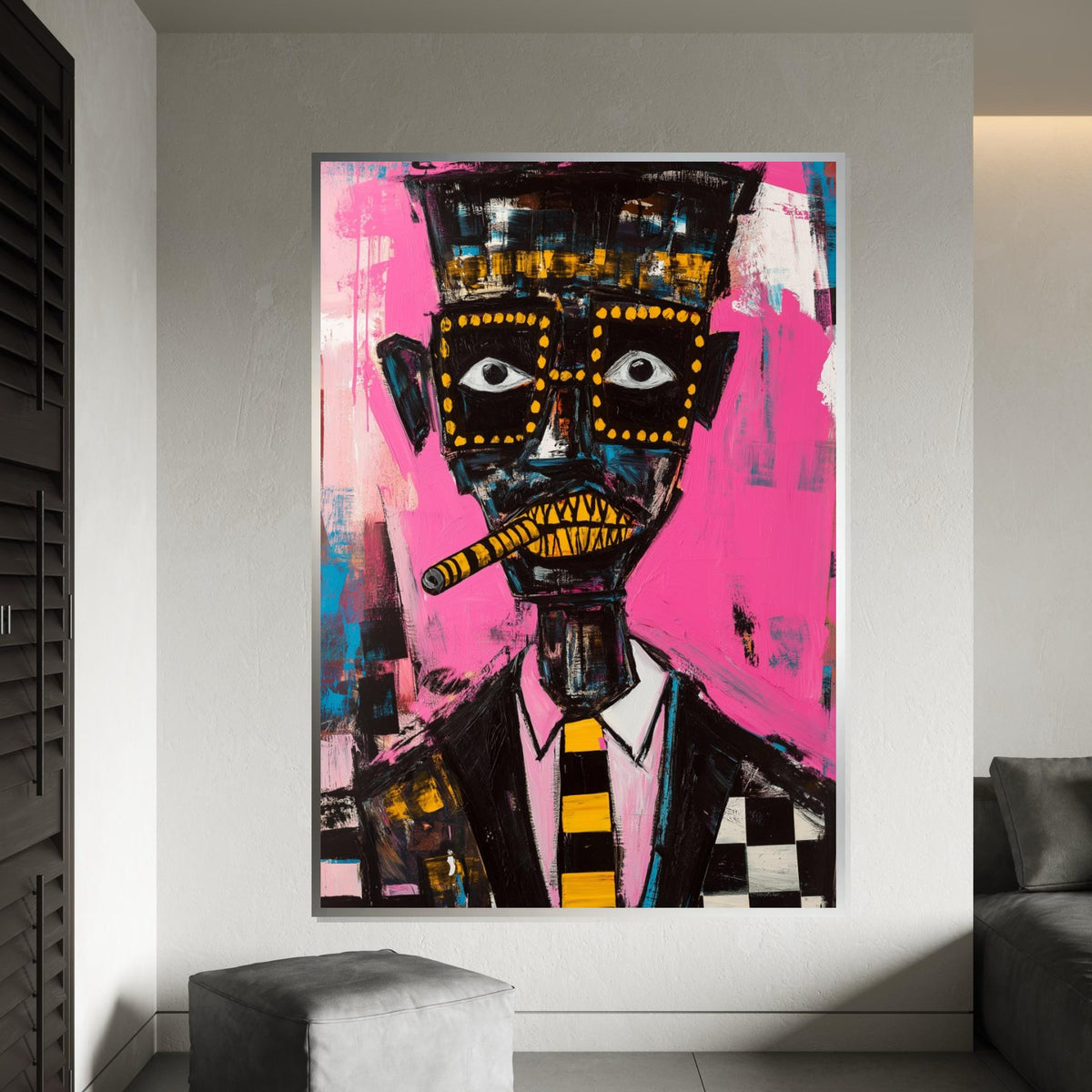 Picasso-Inspired Cubist Portrait of Man with Cigar, Quirky Abstract Face Painting on Pink Background, Modern Pop Art Canvas Print