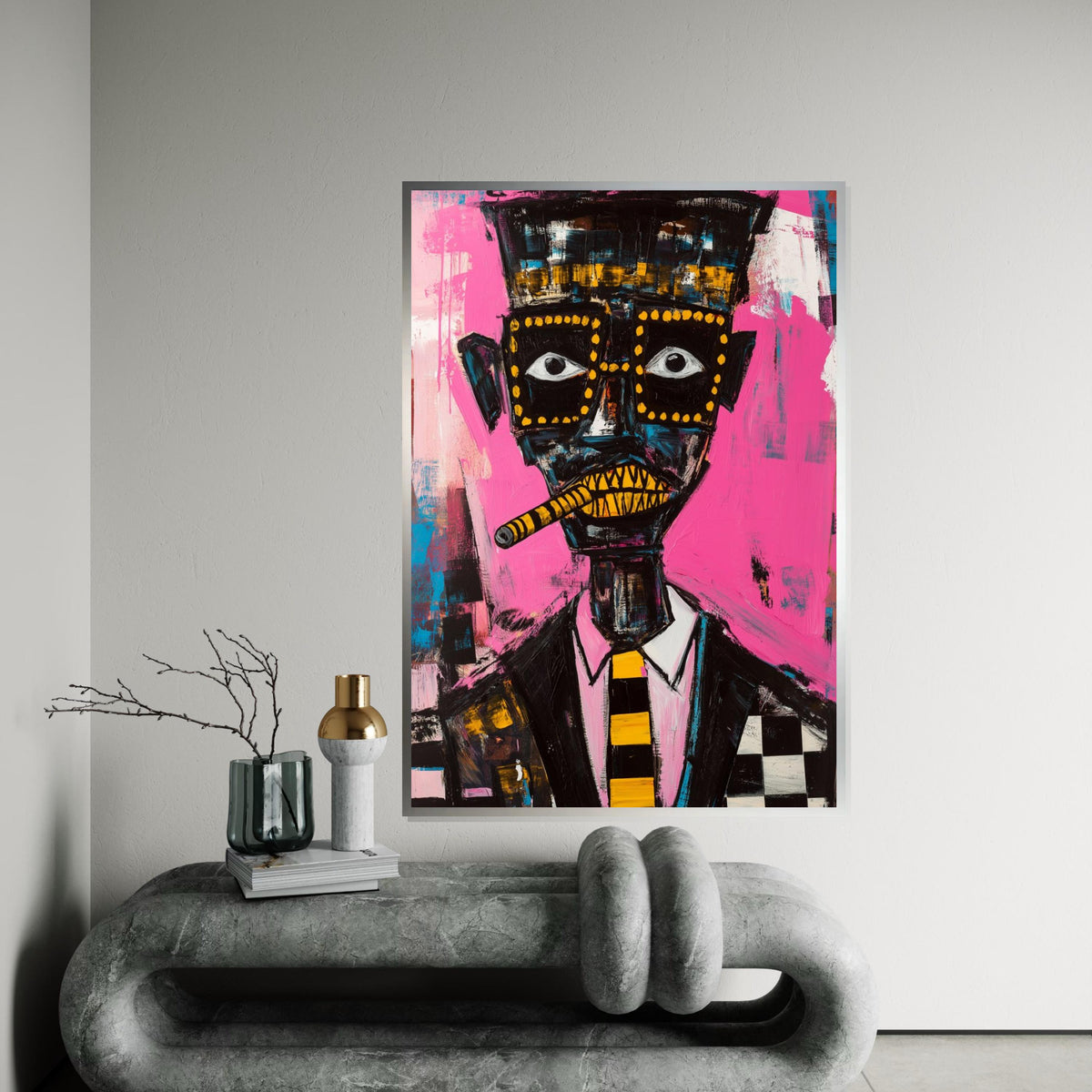 Picasso-Inspired Cubist Portrait of Man with Cigar, Quirky Abstract Face Painting on Pink Background, Modern Pop Art Canvas Print