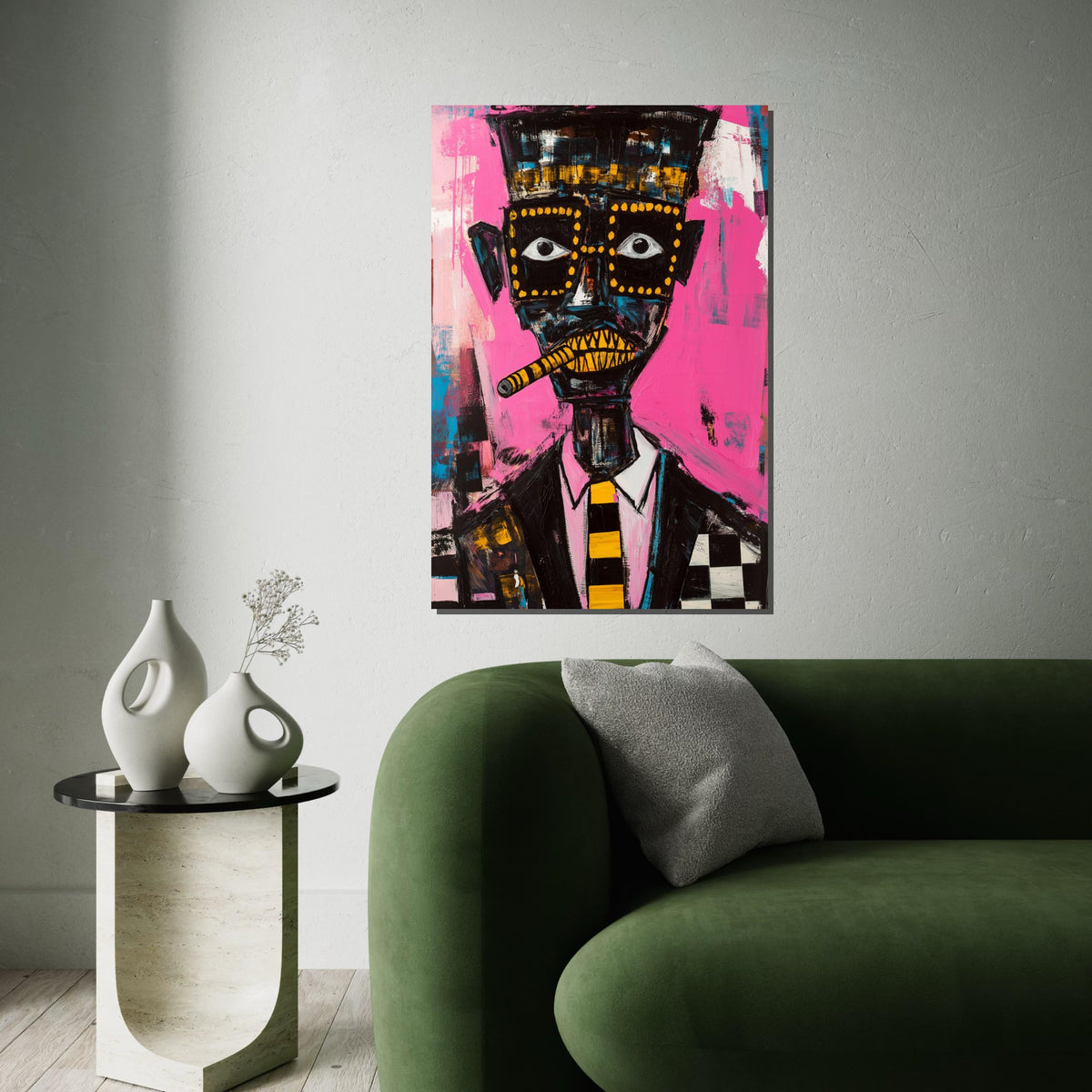 Picasso-Inspired Cubist Portrait of Man with Cigar, Quirky Abstract Face Painting on Pink Background, Modern Pop Art Canvas Print