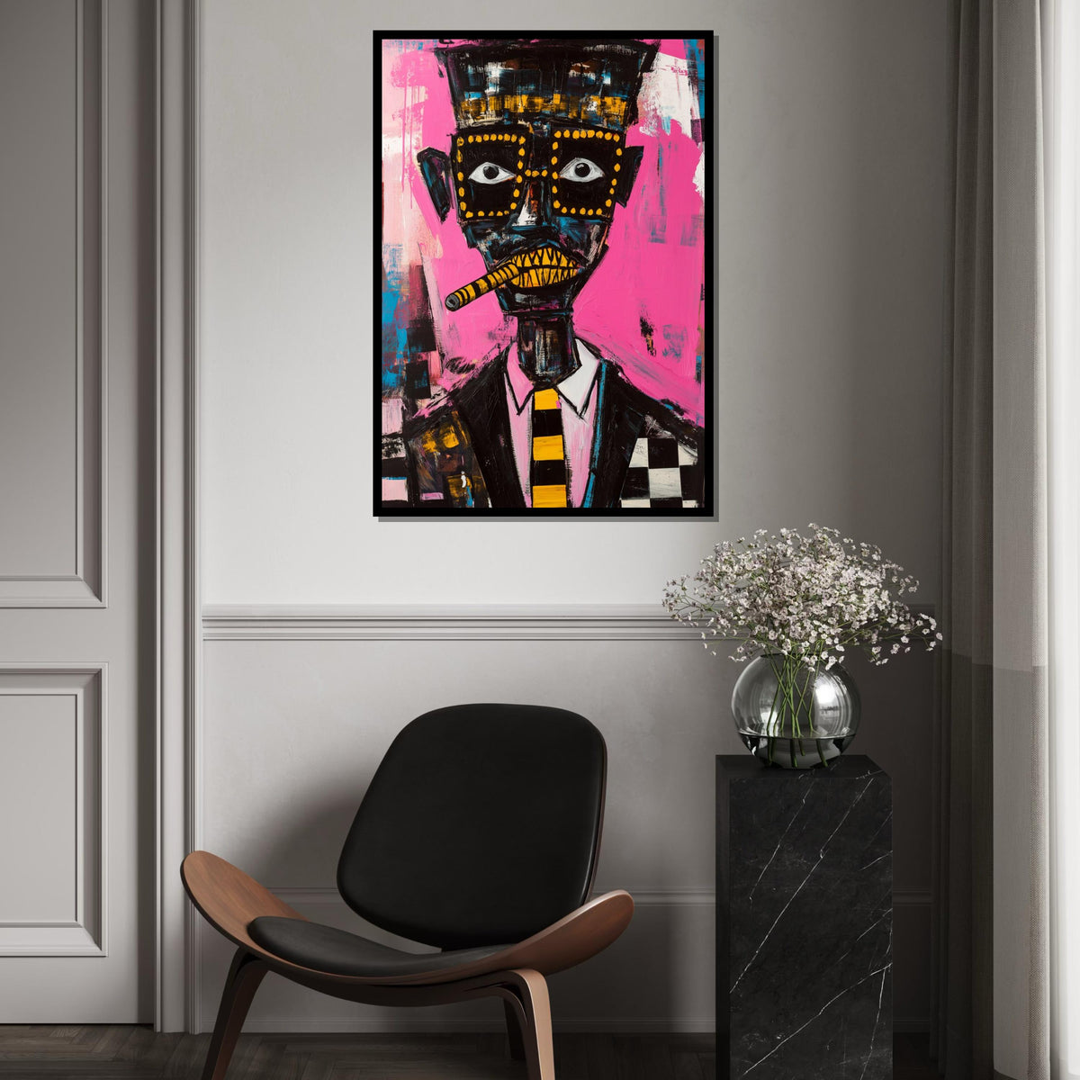 Picasso-Inspired Cubist Portrait of Man with Cigar, Quirky Abstract Face Painting on Pink Background, Modern Pop Art Canvas Print