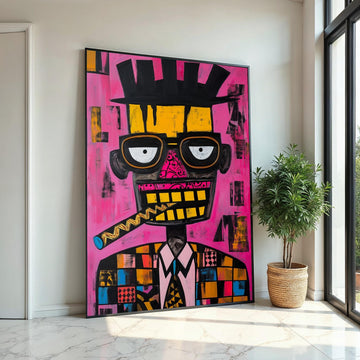 Picasso-Inspired Cubist Portrait of Man with Cigar, Quirky Abstract Face Painting on Pink Background, Modern Pop Art Canvas Print
