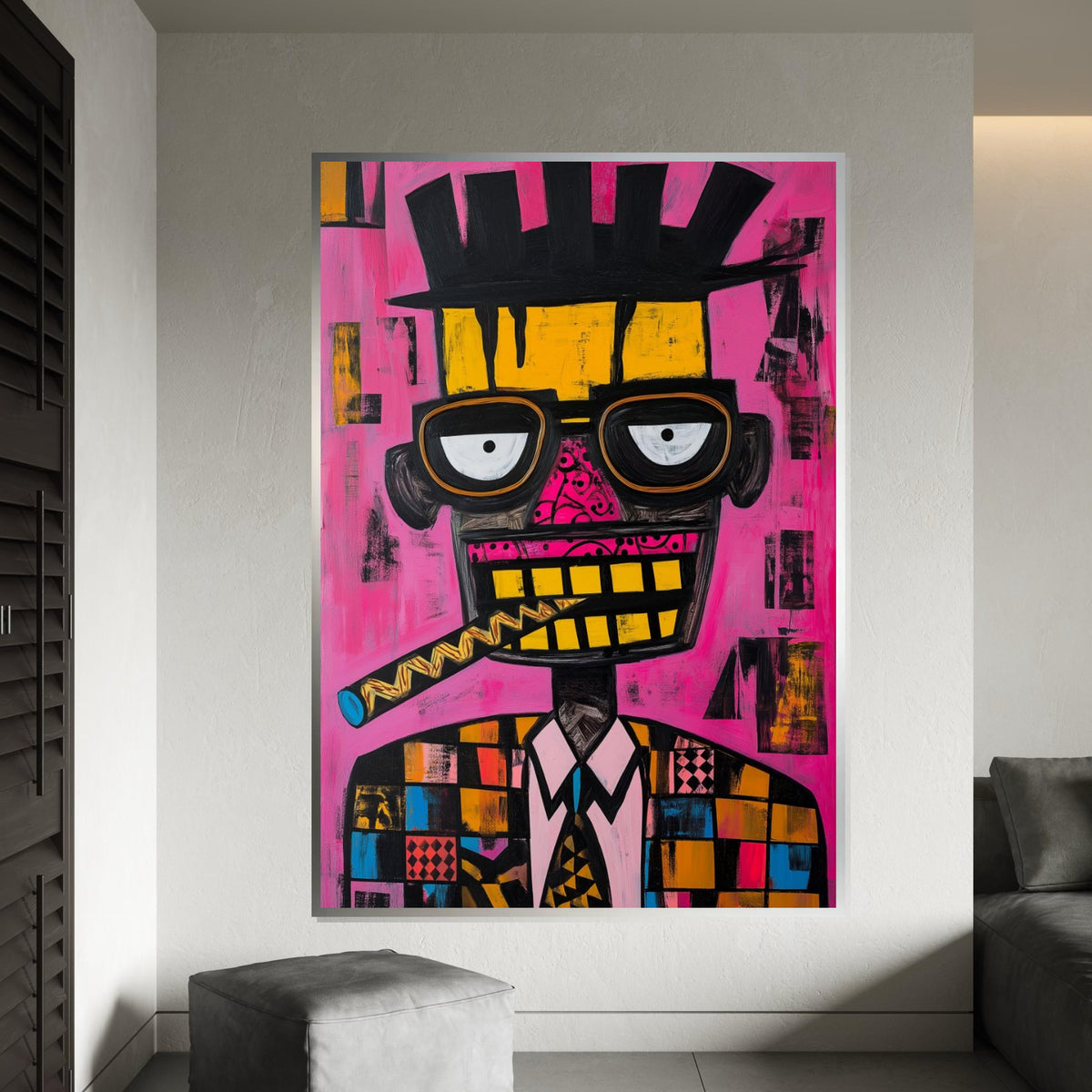 Picasso-Inspired Cubist Portrait of Man with Cigar, Quirky Abstract Face Painting on Pink Background, Modern Pop Art Canvas Print