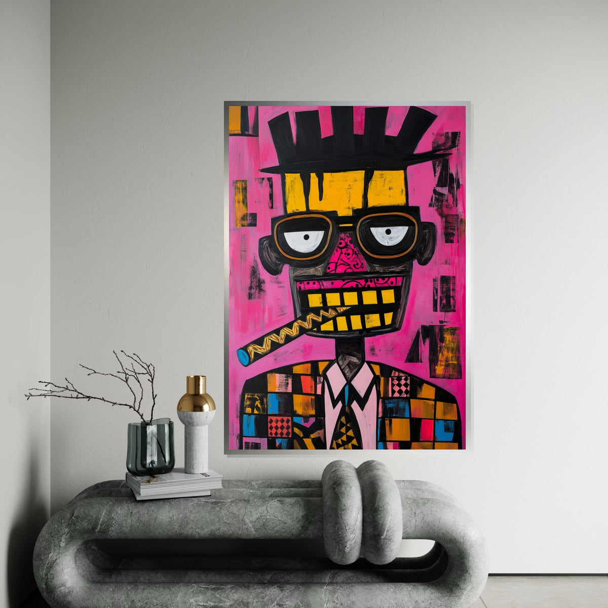 Picasso-Inspired Cubist Portrait of Man with Cigar, Quirky Abstract Face Painting on Pink Background, Modern Pop Art Canvas Print