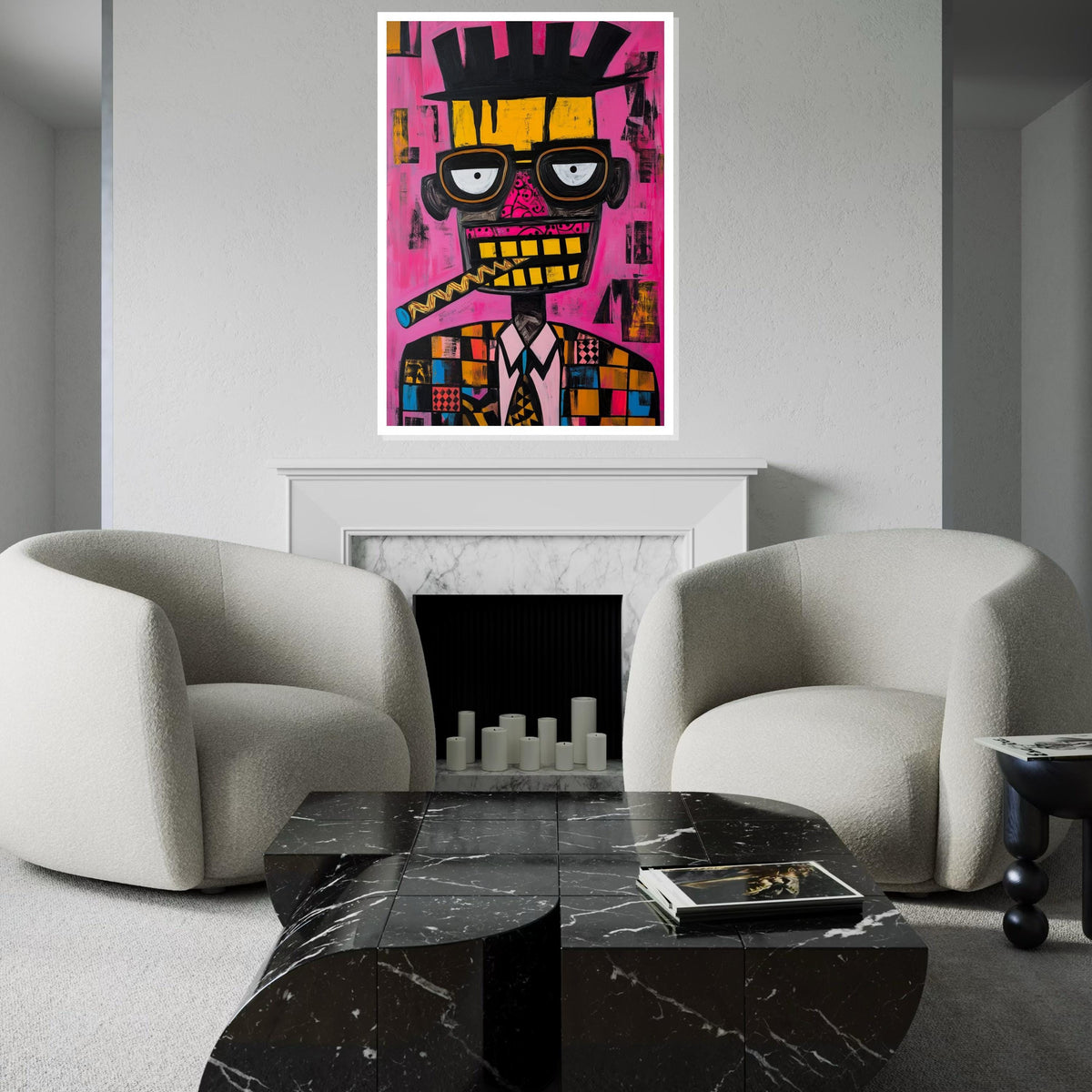 Picasso-Inspired Cubist Portrait of Man with Cigar, Quirky Abstract Face Painting on Pink Background, Modern Pop Art Canvas Print