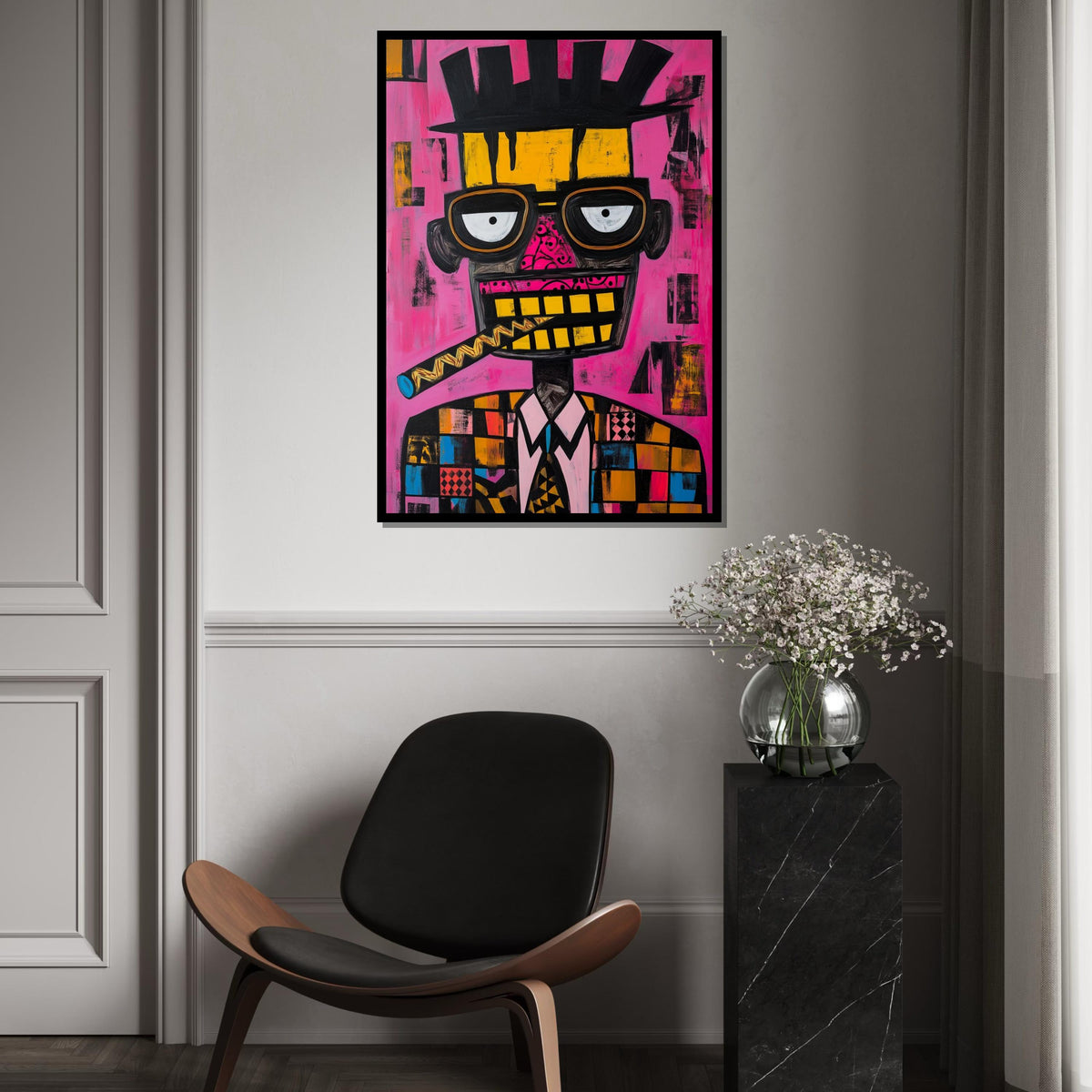 Picasso-Inspired Cubist Portrait of Man with Cigar, Quirky Abstract Face Painting on Pink Background, Modern Pop Art Canvas Print