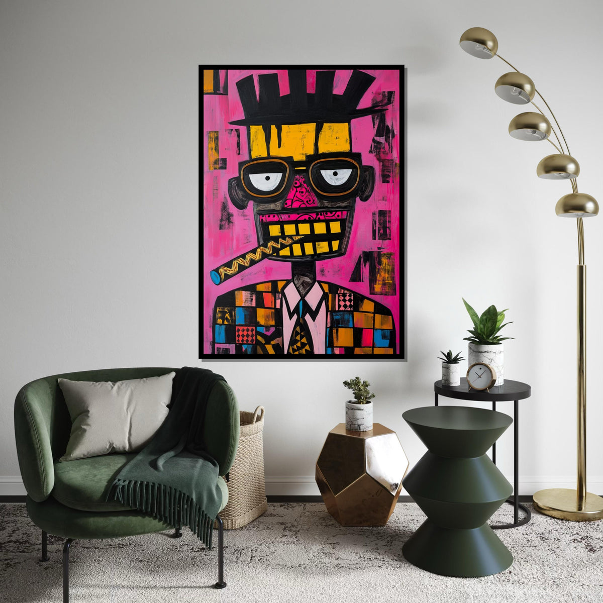 Picasso-Inspired Cubist Portrait of Man with Cigar, Quirky Abstract Face Painting on Pink Background, Modern Pop Art Canvas Print