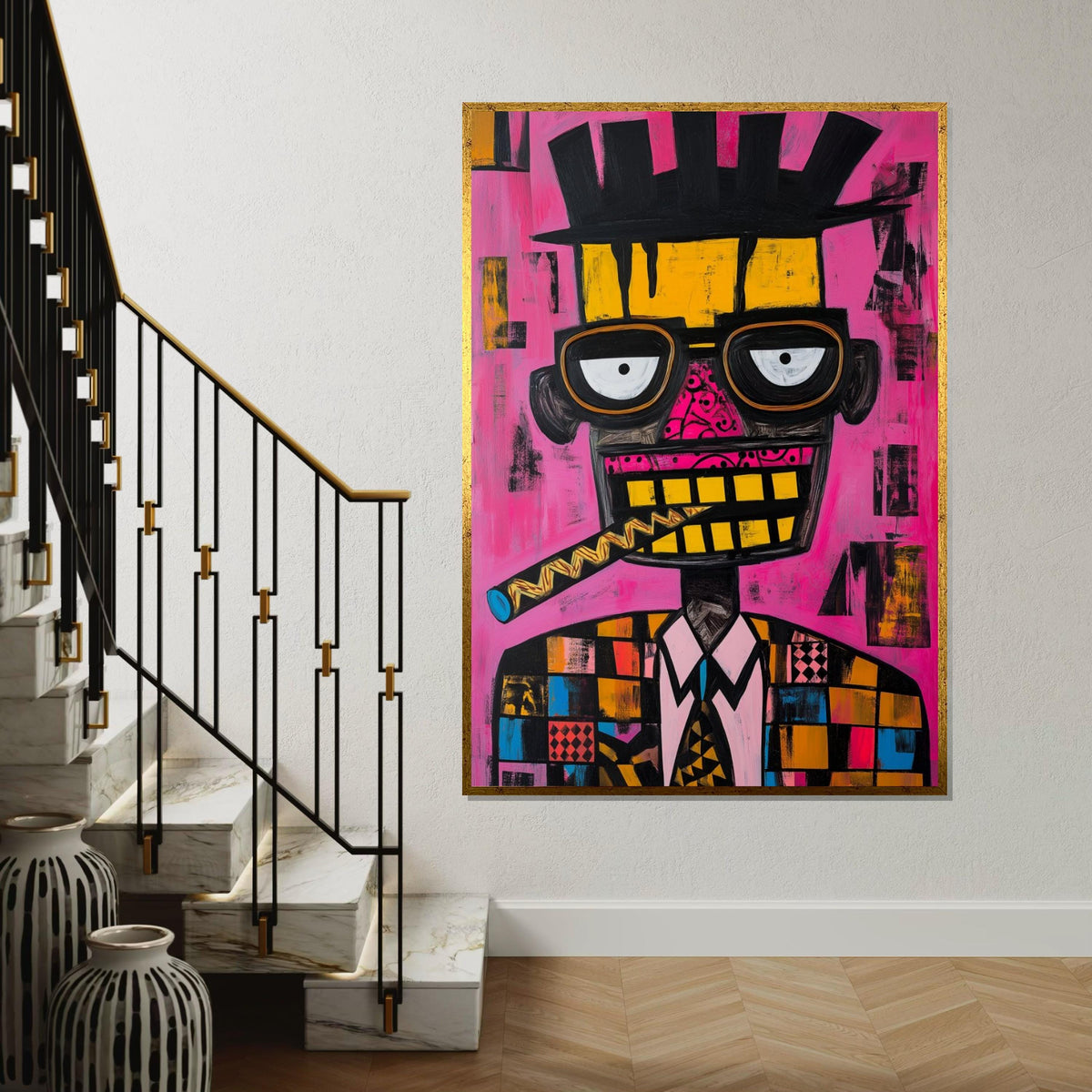 Picasso-Inspired Cubist Portrait of Man with Cigar, Quirky Abstract Face Painting on Pink Background, Modern Pop Art Canvas Print