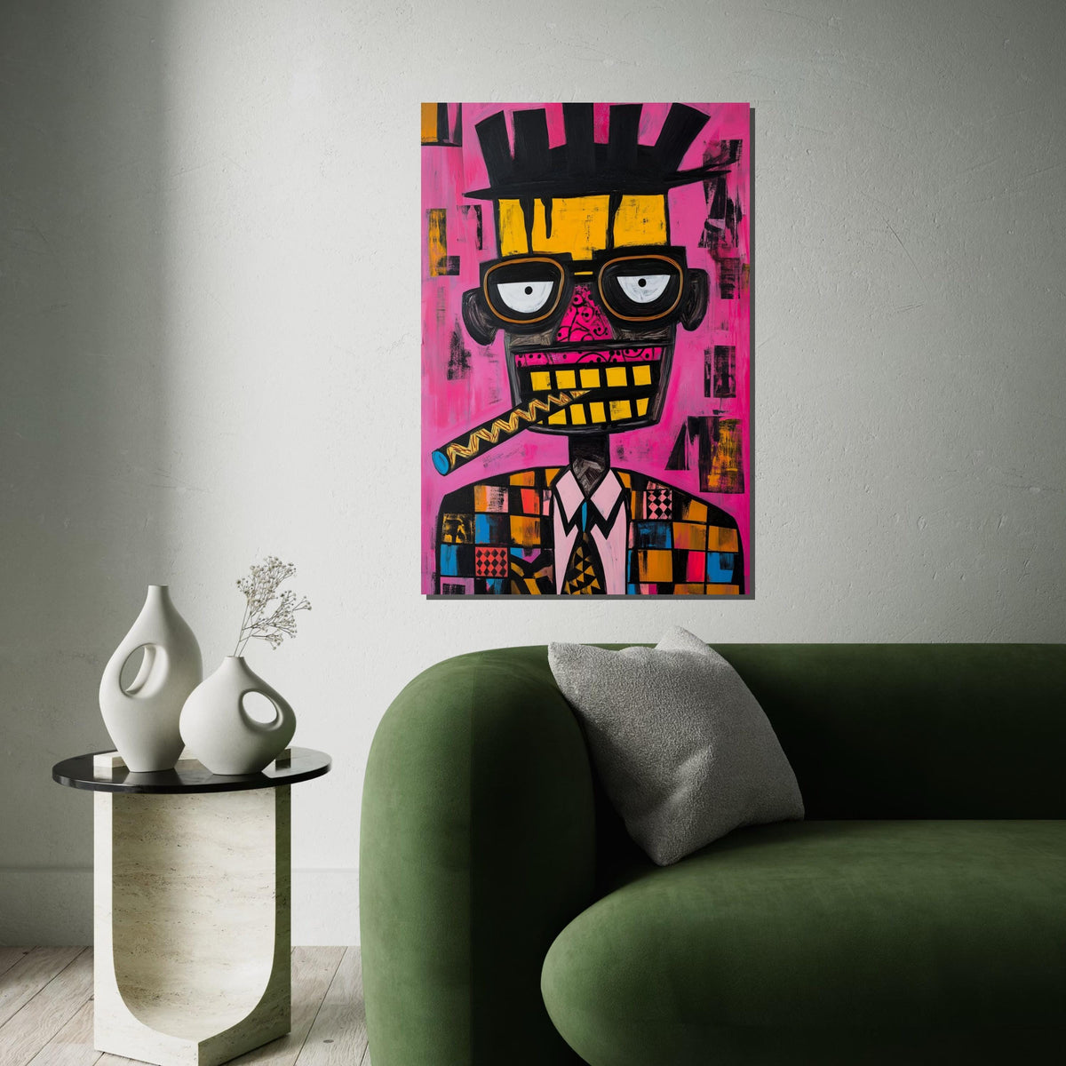 Picasso-Inspired Cubist Portrait of Man with Cigar, Quirky Abstract Face Painting on Pink Background, Modern Pop Art Canvas Print