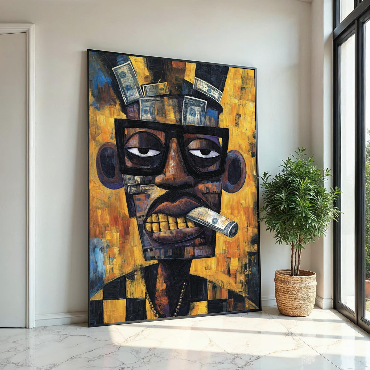 Cubist Portrait Painting with Money Collage, Picasso-Inspired Abstract Man with Dollar Bills, Modern Pop Art Wall Decor Canvas Print