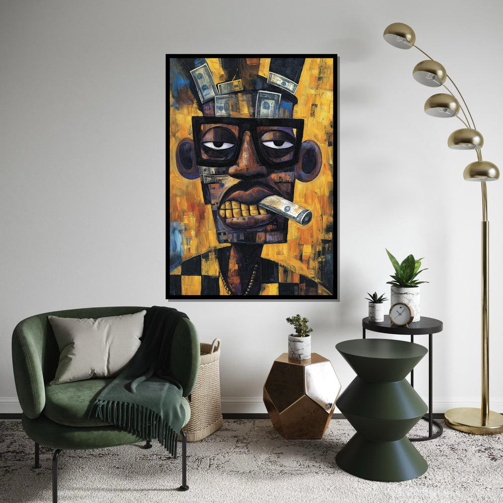 Cubist Portrait Painting with Money Collage, Picasso-Inspired Abstract Man with Dollar Bills, Modern Pop Art Wall Decor Canvas Print