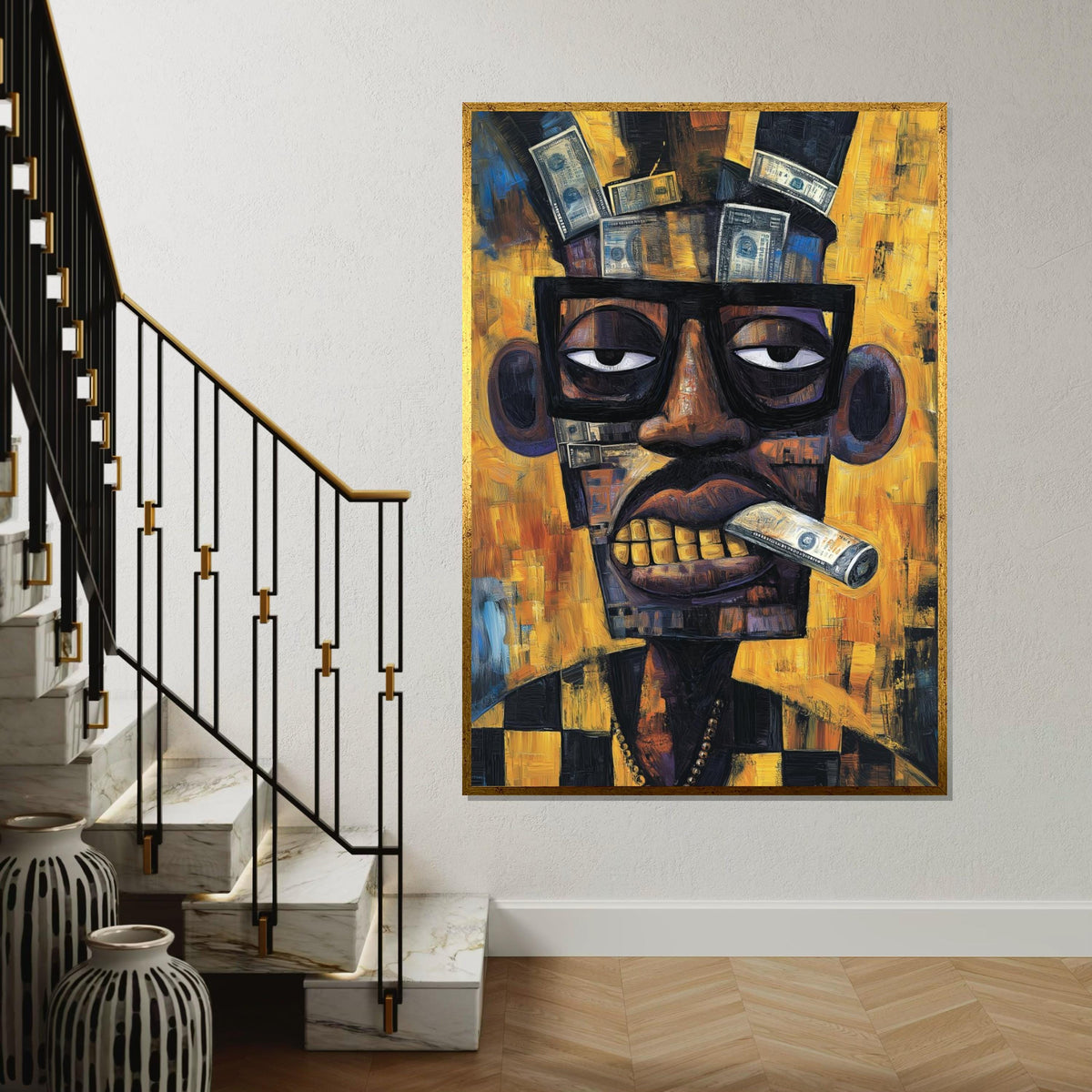 Cubist Portrait Painting with Money Collage, Picasso-Inspired Abstract Man with Dollar Bills, Modern Pop Art Wall Decor Canvas Print