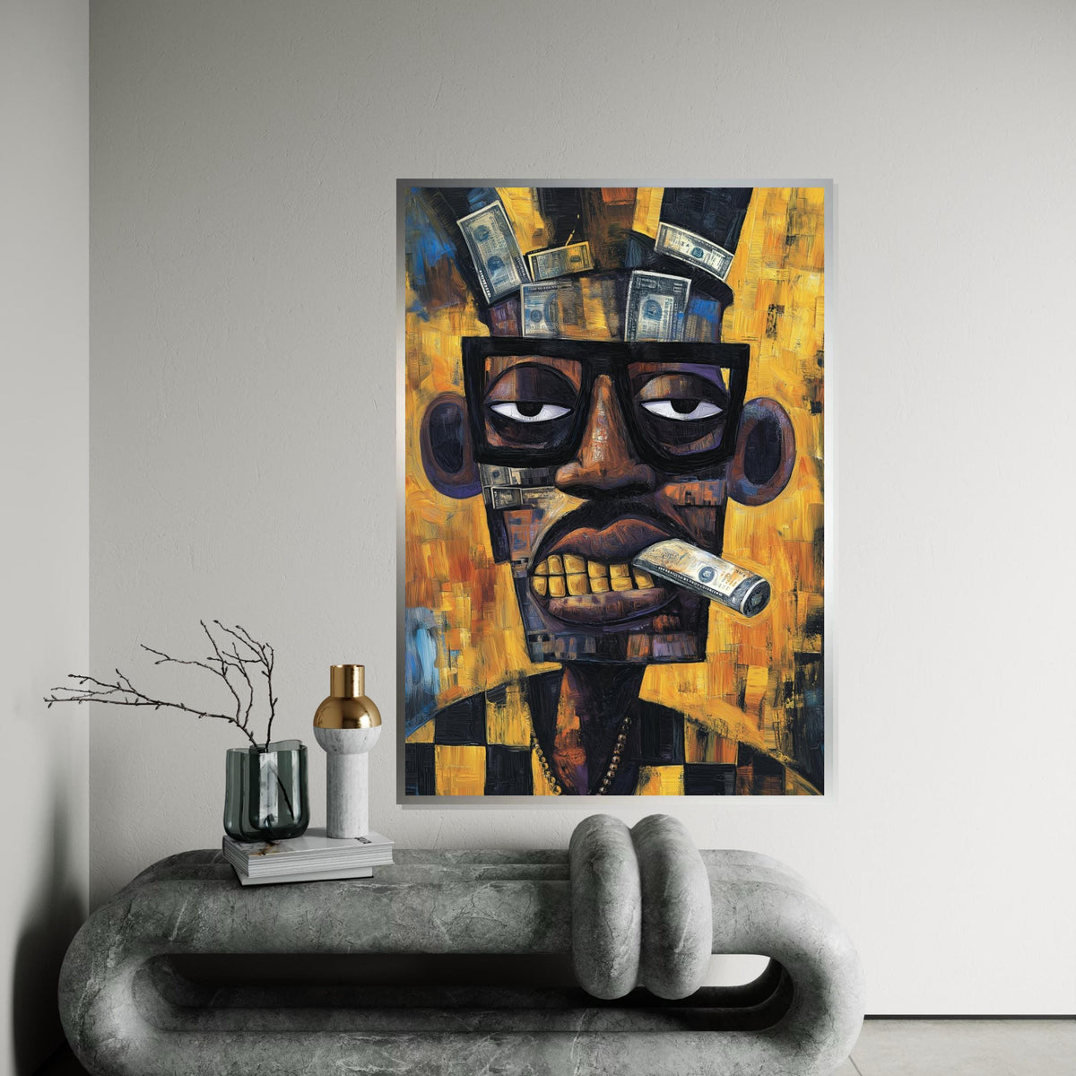 Cubist Portrait Painting with Money Collage, Picasso-Inspired Abstract Man with Dollar Bills, Modern Pop Art Wall Decor Canvas Print