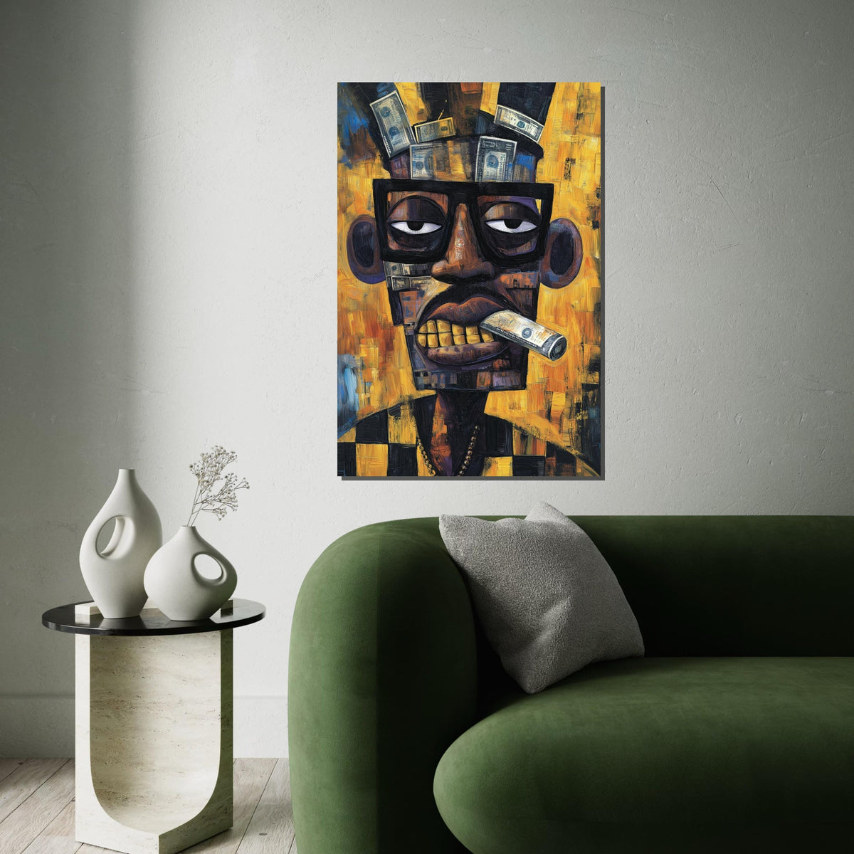 Cubist Portrait Painting with Money Collage, Picasso-Inspired Abstract Man with Dollar Bills, Modern Pop Art Wall Decor Canvas Print