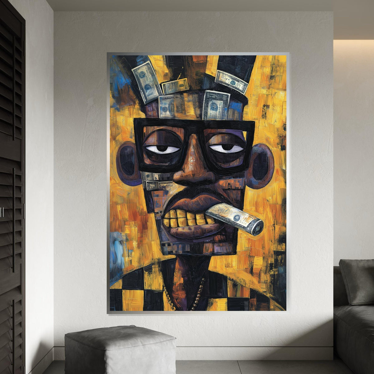 Cubist Portrait Painting with Money Collage, Picasso-Inspired Abstract Man with Dollar Bills, Modern Pop Art Wall Decor Canvas Print