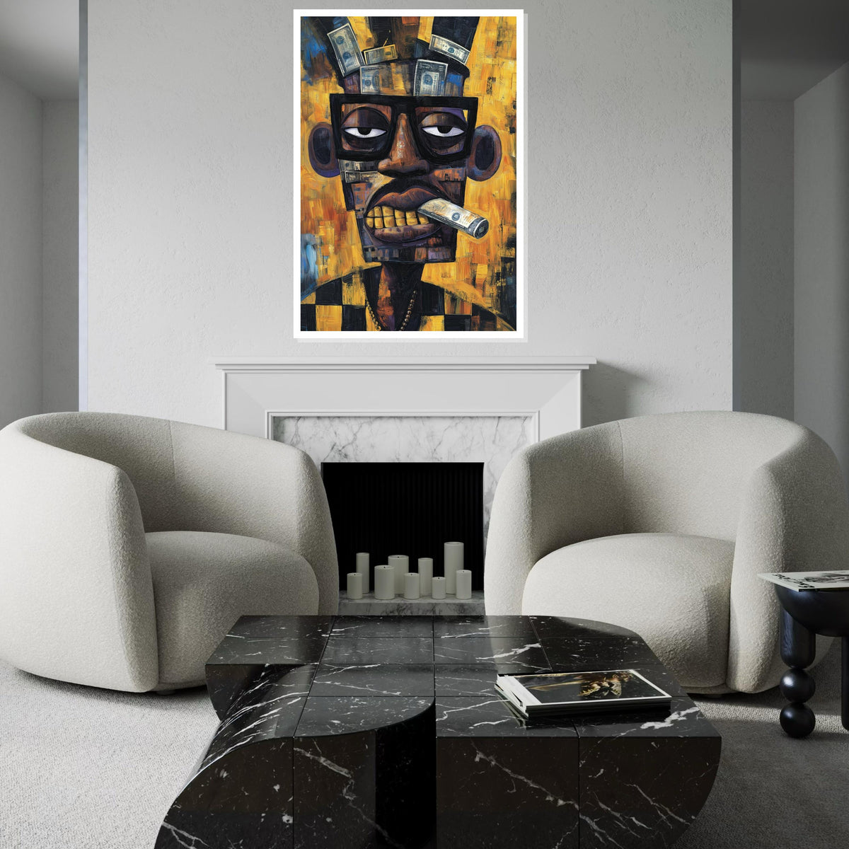 Cubist Portrait Painting with Money Collage, Picasso-Inspired Abstract Man with Dollar Bills, Modern Pop Art Wall Decor Canvas Print