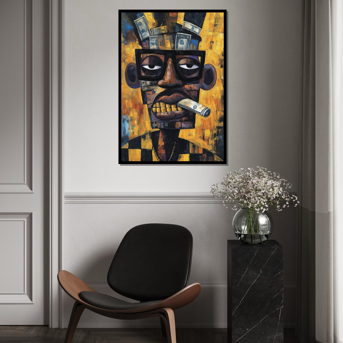 Cubist Portrait Painting with Money Collage, Picasso-Inspired Abstract Man with Dollar Bills, Modern Pop Art Wall Decor Canvas Print