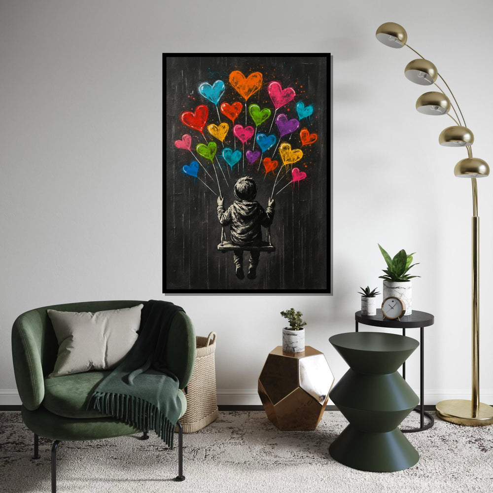 Child on Swing with Heart Balloons, Whimsical Banksy-Style Art, Vibrant Love Decor, Street Canvas, Unique Gift