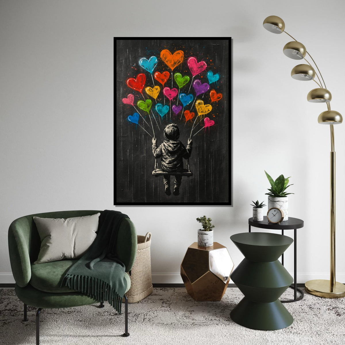 Child on Swing with Heart Balloons, Whimsical Banksy-Style Art, Vibrant Love Decor, Street Canvas, Unique Gift