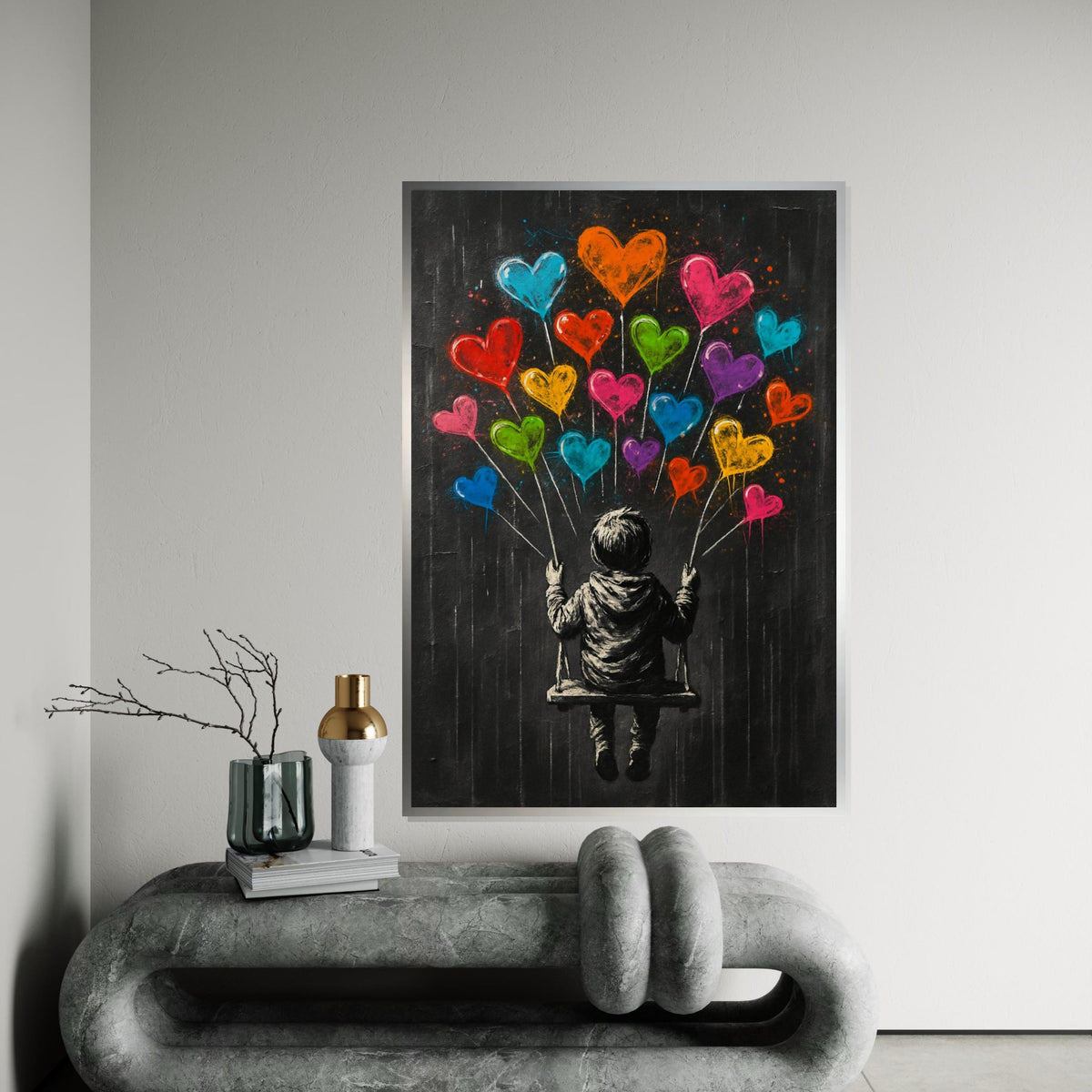 Child on Swing with Heart Balloons, Whimsical Banksy-Style Art, Vibrant Love Decor, Street Canvas, Unique Gift