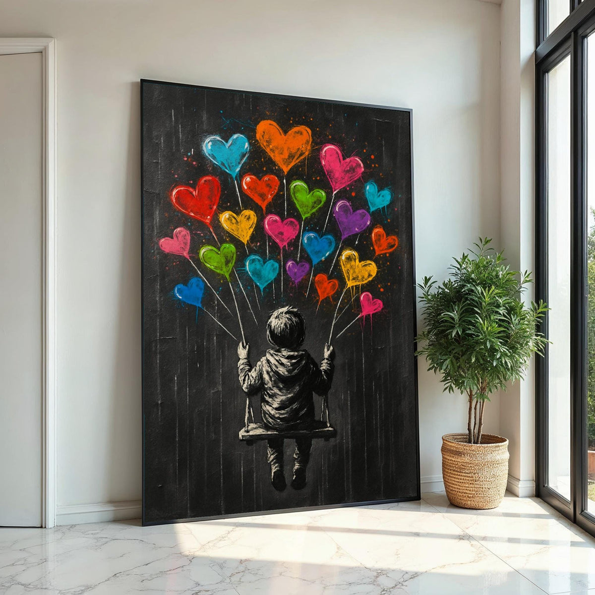 Child on Swing with Heart Balloons, Whimsical Banksy-Style Art, Vibrant Love Decor, Street Canvas, Unique Gift