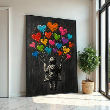 Child on Swing with Heart Balloons, Whimsical Banksy-Style Art, Vibrant Love Decor, Street Canvas, Unique Gift