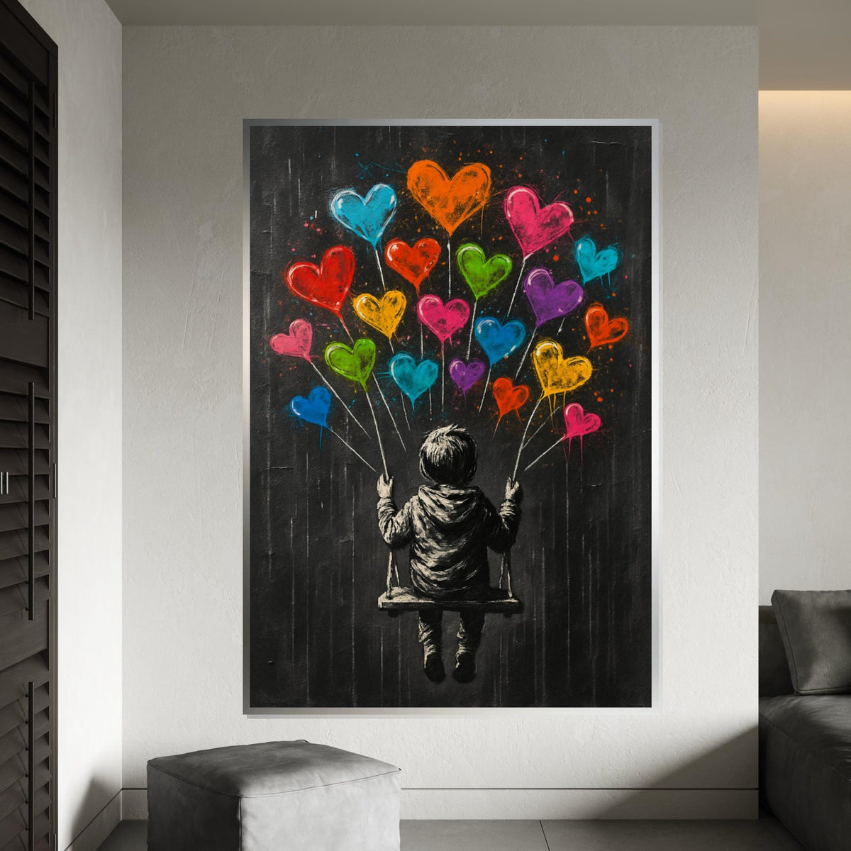 Child on Swing with Heart Balloons, Whimsical Banksy-Style Art, Vibrant Love Decor, Street Canvas, Unique Gift