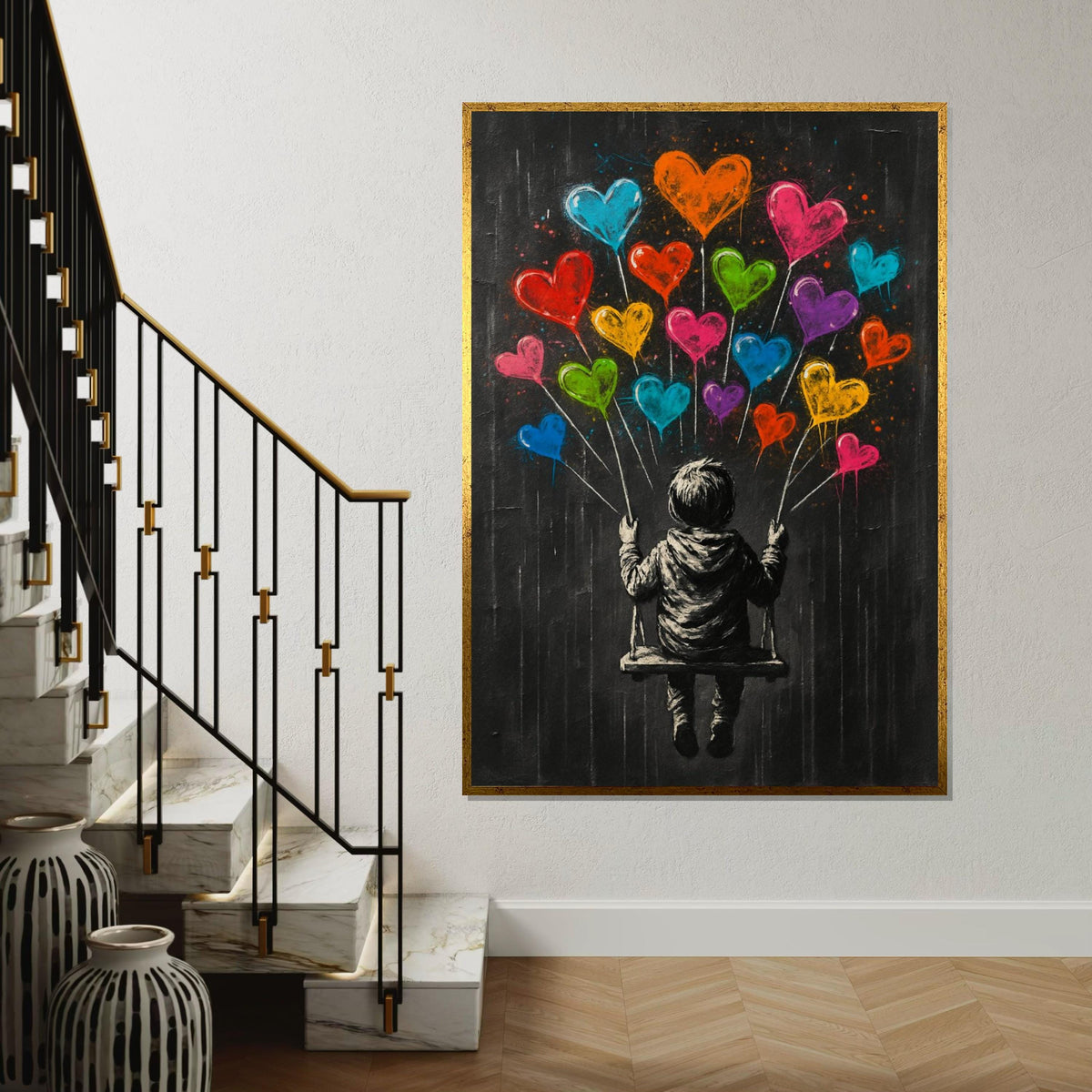 Child on Swing with Heart Balloons, Whimsical Banksy-Style Art, Vibrant Love Decor, Street Canvas, Unique Gift