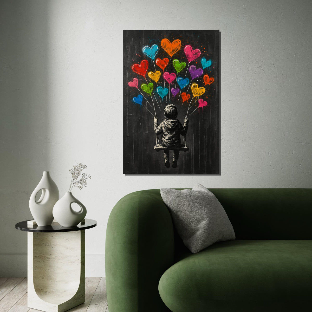 Child on Swing with Heart Balloons, Whimsical Banksy-Style Art, Vibrant Love Decor, Street Canvas, Unique Gift