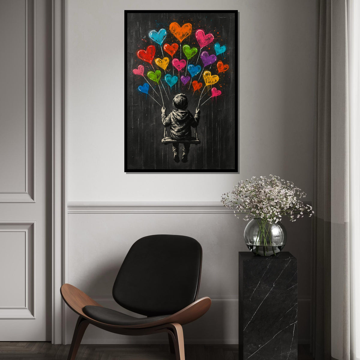 Child on Swing with Heart Balloons, Whimsical Banksy-Style Art, Vibrant Love Decor, Street Canvas, Unique Gift