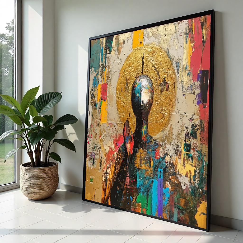Abstract Spiritual Canvas Print, Buddha & Golden Aura Painting, Modern Zen Art, Meditation Decor, Sacred Symbolism Gift for Mindful Living